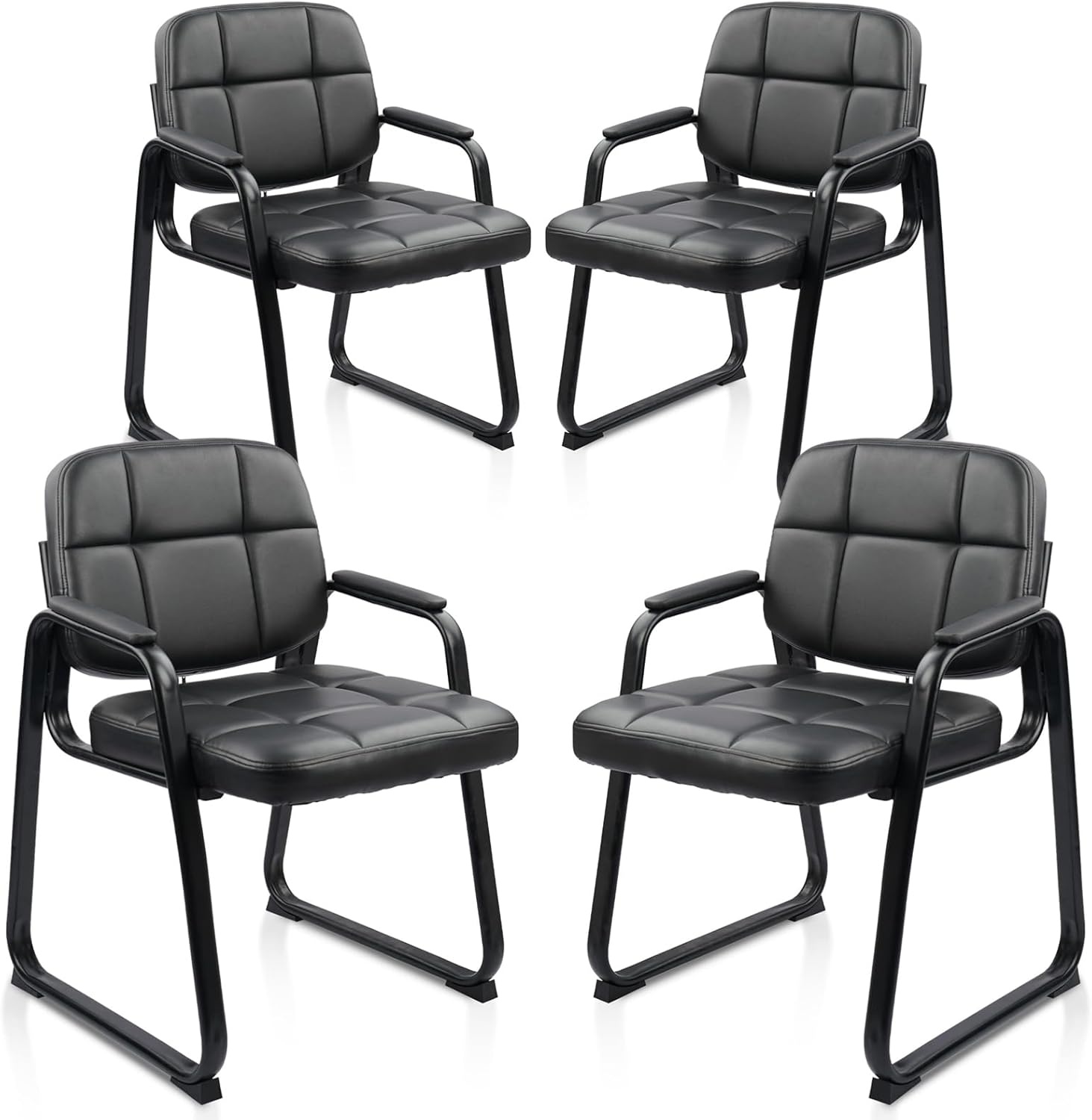 image:imageCLATINA Waiting Reception Chairs No Wheel Leather Guest Chair with Padded Arms Modern Brown Office Desk Chairs with Sled Base for Office Meeting Conference Room Lobby Home Living Room 4 PackBlacksled Base