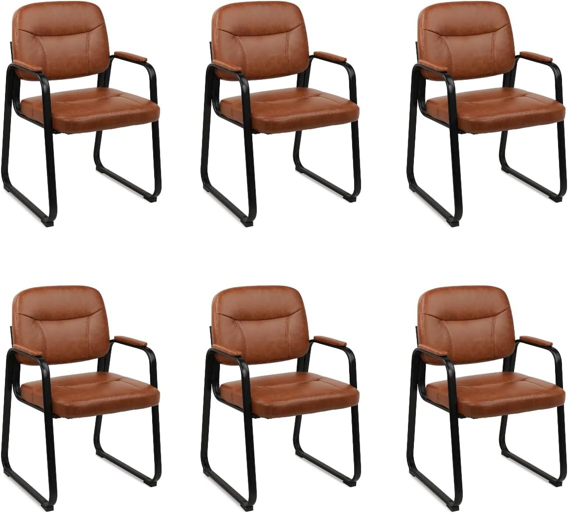 image:imageCLATINA Waiting Reception Chairs No Wheel Leather Guest Chair with Padded Arms Modern Brown Office Desk Chairs with Sled Base for Office Meeting Conference Room Lobby Home Living Room 4 PackBrownsled Base