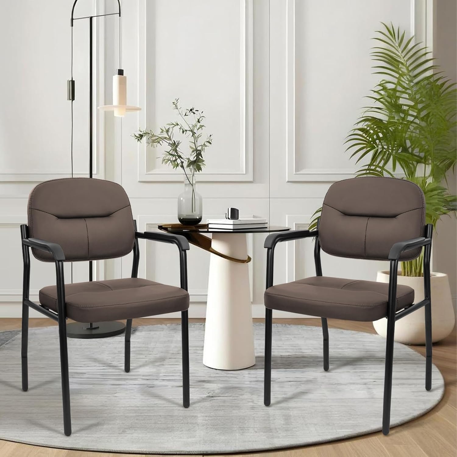 image:imageCLATINA Waiting Reception Chairs No Wheel Leather Guest Chair with Padded Arms Modern Brown Office Desk Chairs with Sled Base for Office Meeting Conference Room Lobby Home Living Room 4 PackBrownlaurel
