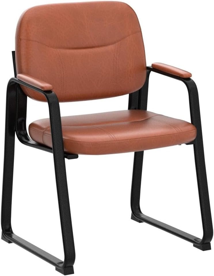 image:imageCLATINA Waiting Reception Chairs No Wheel Leather Guest Chair with Padded Arms Modern Brown Office Desk Chairs with Sled Base for Office Meeting Conference Room Lobby Home Living Room 4 PackBrownsled Base