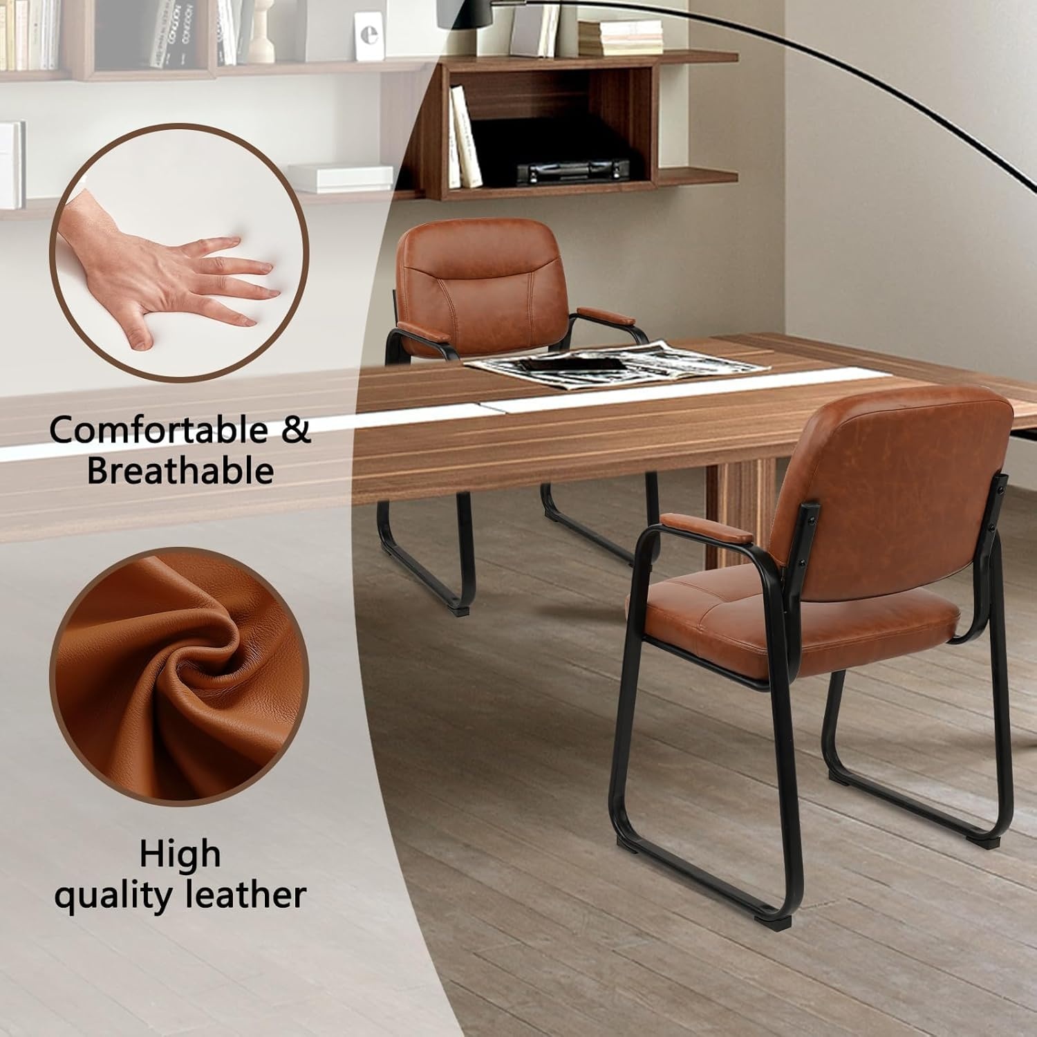image:imageCLATINA Waiting Reception Chairs No Wheel Leather Guest Chair with Padded Arms Modern Brown Office Desk Chairs with Sled Base for Office Meeting Conference Room Lobby Home Living Room 4 PackBrownsled Base