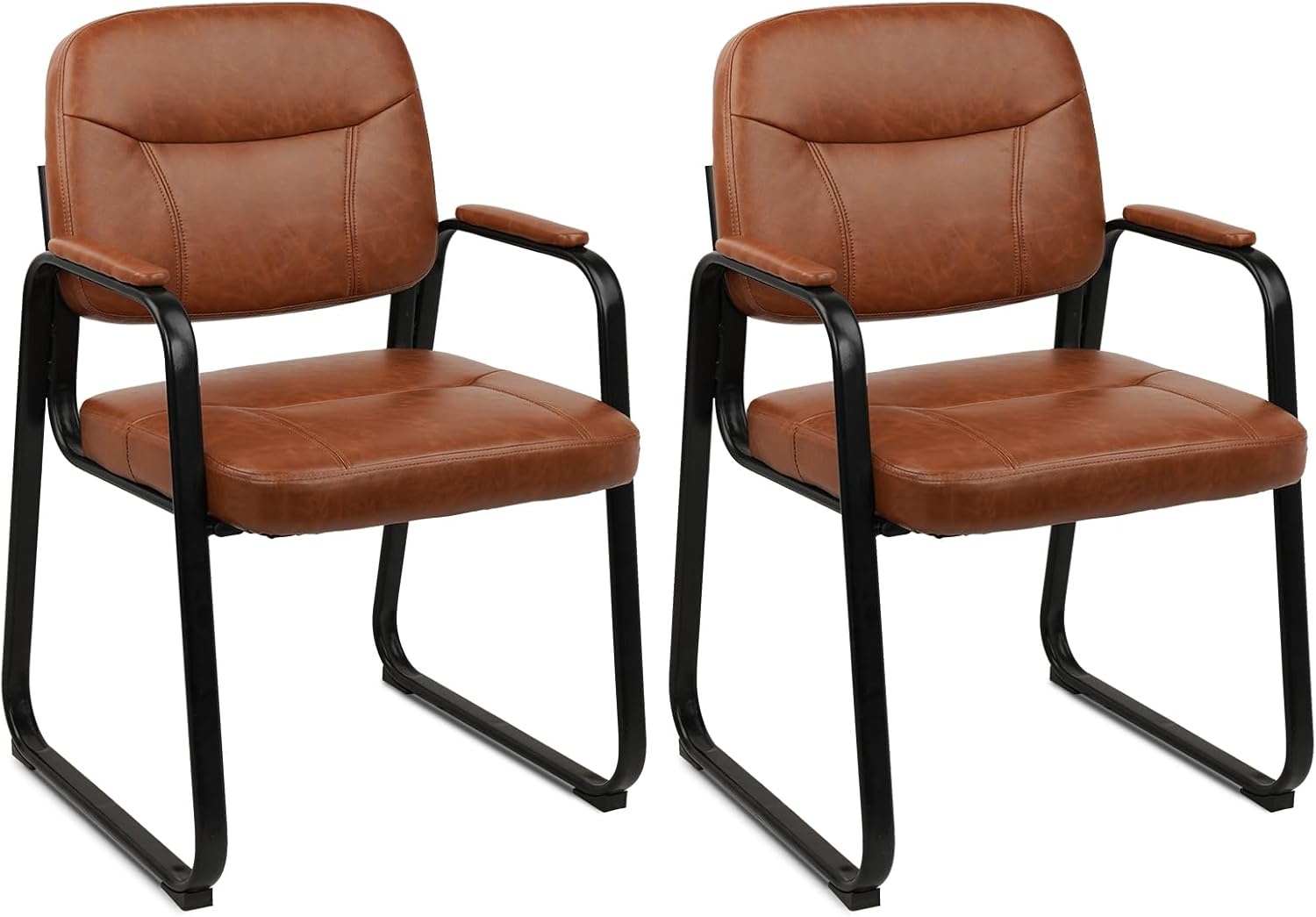 image:imageCLATINA Waiting Reception Chairs No Wheel Leather Guest Chair with Padded Arms Modern Brown Office Desk Chairs with Sled Base for Office Meeting Conference Room Lobby Home Living Room 4 PackBrownsled Base