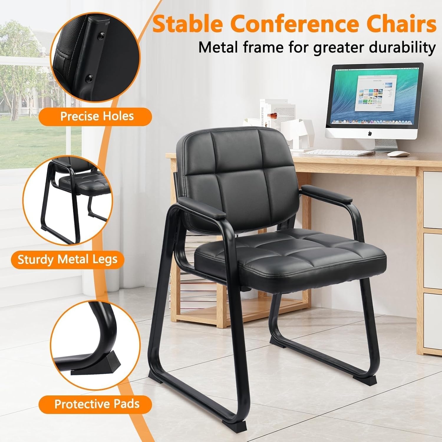 image:imageCLATINA Waiting Reception Chairs No Wheel Leather Guest Chair with Padded Arms Modern Brown Office Desk Chairs with Sled Base for Office Meeting Conference Room Lobby Home Living Room 4 PackBlacksled Base