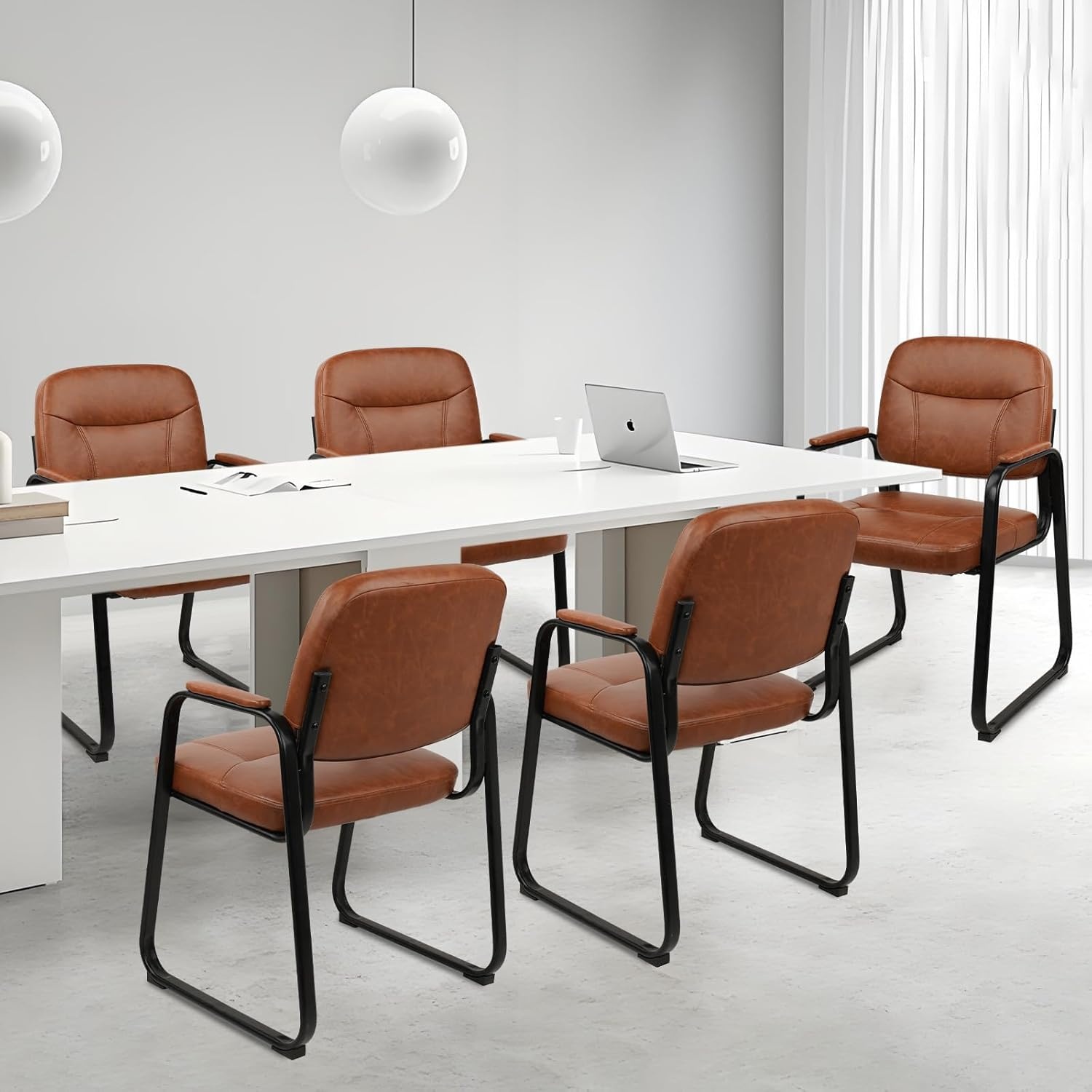 image:imageCLATINA Waiting Reception Chairs No Wheel Leather Guest Chair with Padded Arms Modern Brown Office Desk Chairs with Sled Base for Office Meeting Conference Room Lobby Home Living Room 4 PackBrownsled Base