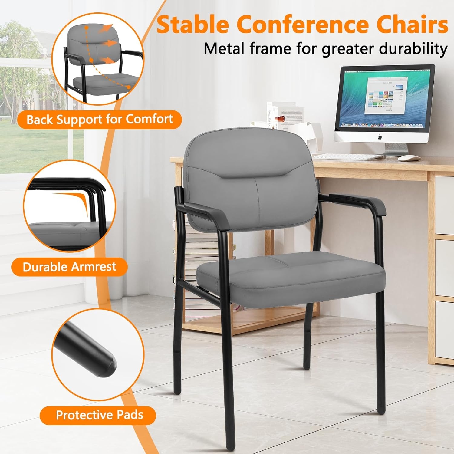 image:imageCLATINA Waiting Reception Chairs No Wheel Leather Guest Chair with Padded Arms Modern Brown Office Desk Chairs with Sled Base for Office Meeting Conference Room Lobby Home Living Room 4 PackGreylaurel