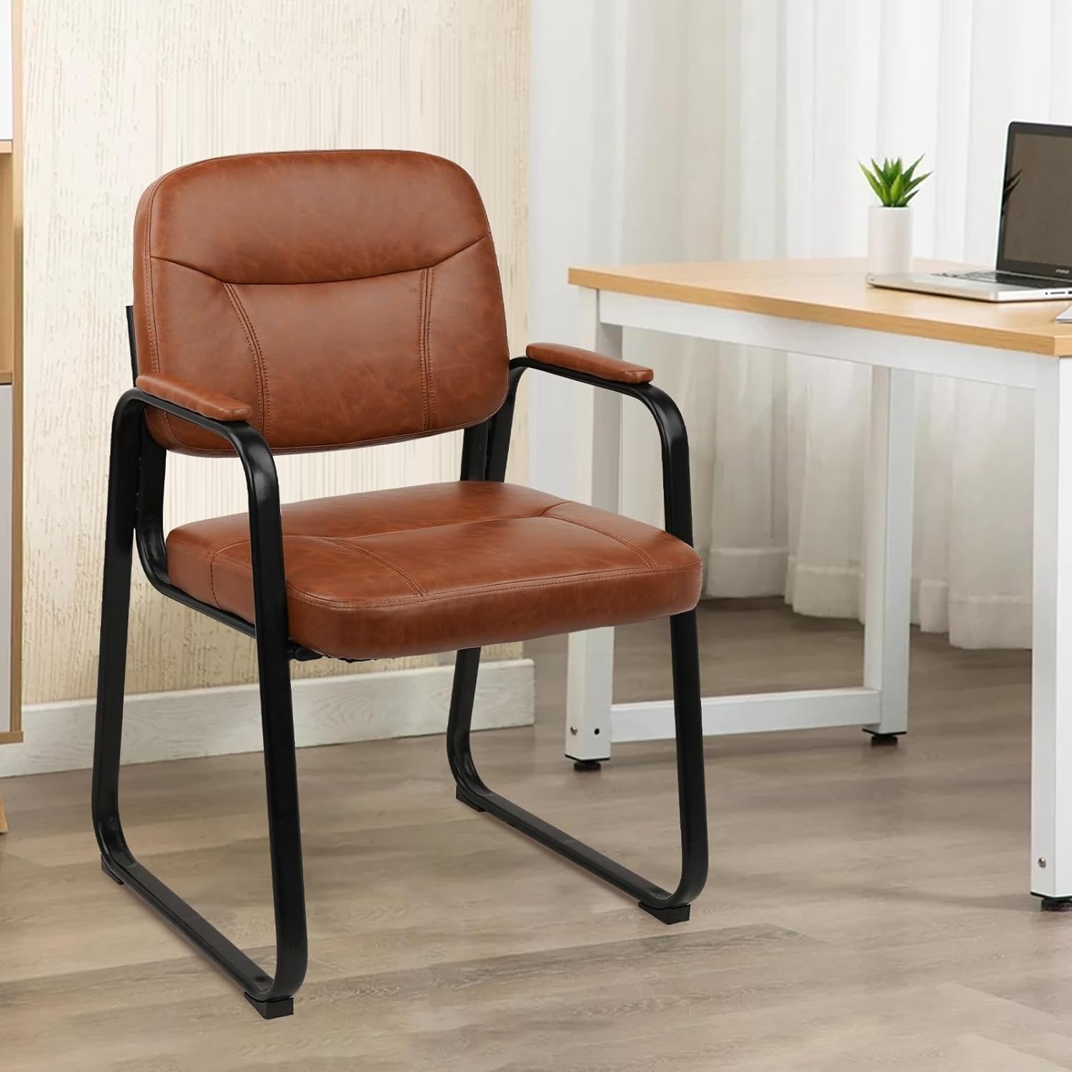 image:imageCLATINA Waiting Reception Chairs No Wheel Leather Guest Chair with Padded Arms Modern Brown Office Desk Chairs with Sled Base for Office Meeting Conference Room Lobby Home Living Room 4 PackBrownsled Base