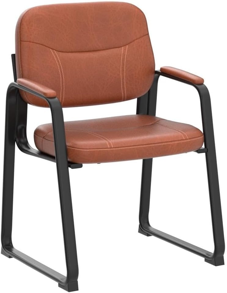 image:imageCLATINA Waiting Reception Chairs No Wheel Leather Guest Chair with Padded Arms Modern Brown Office Desk Chairs with Sled Base for Office Meeting Conference Room Lobby Home Living Room 4 PackBrownsled Base