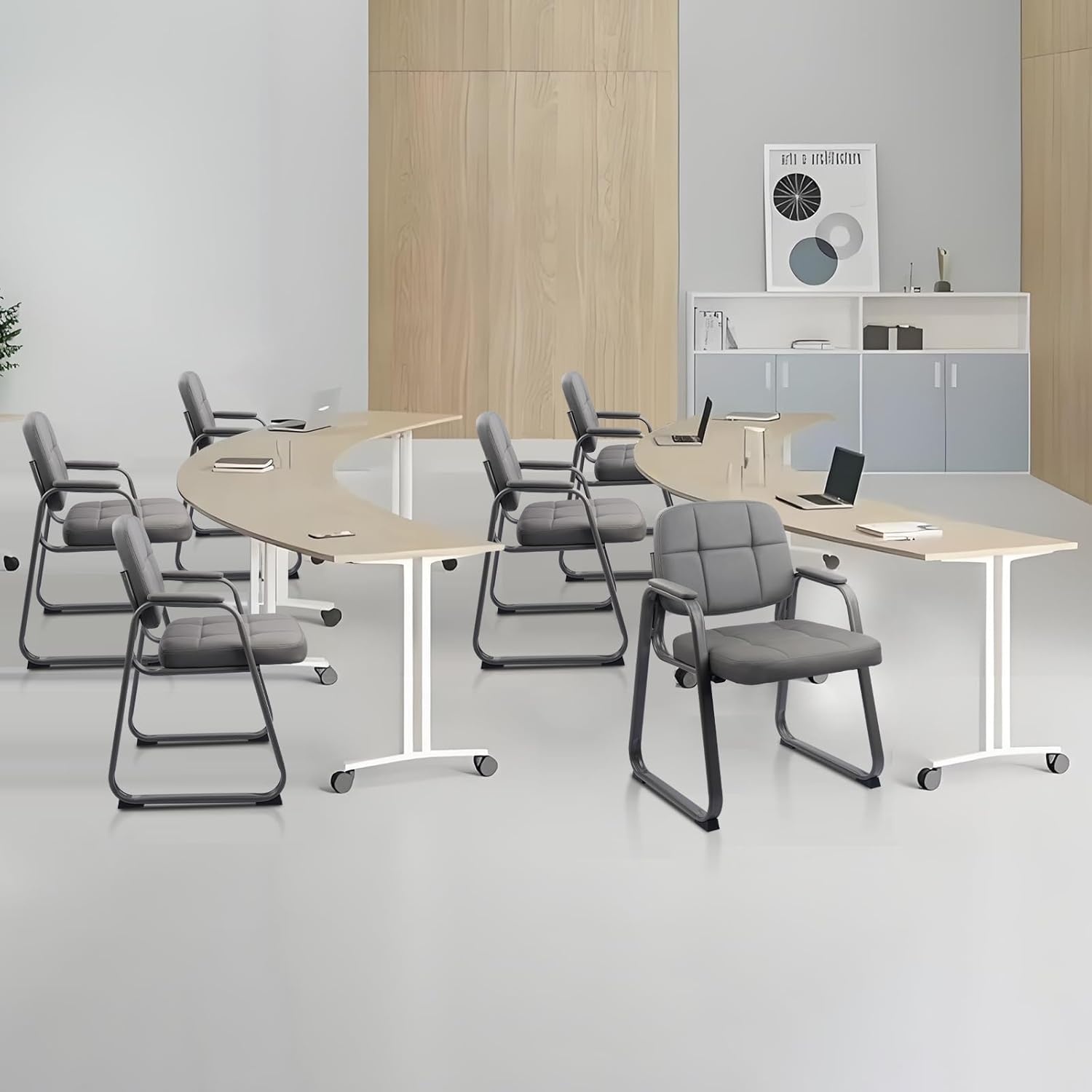 image:imageCLATINA Waiting Reception Chairs No Wheel Leather Guest Chair with Padded Arms Modern Brown Office Desk Chairs with Sled Base for Office Meeting Conference Room Lobby Home Living Room 4 PackGreysled Base