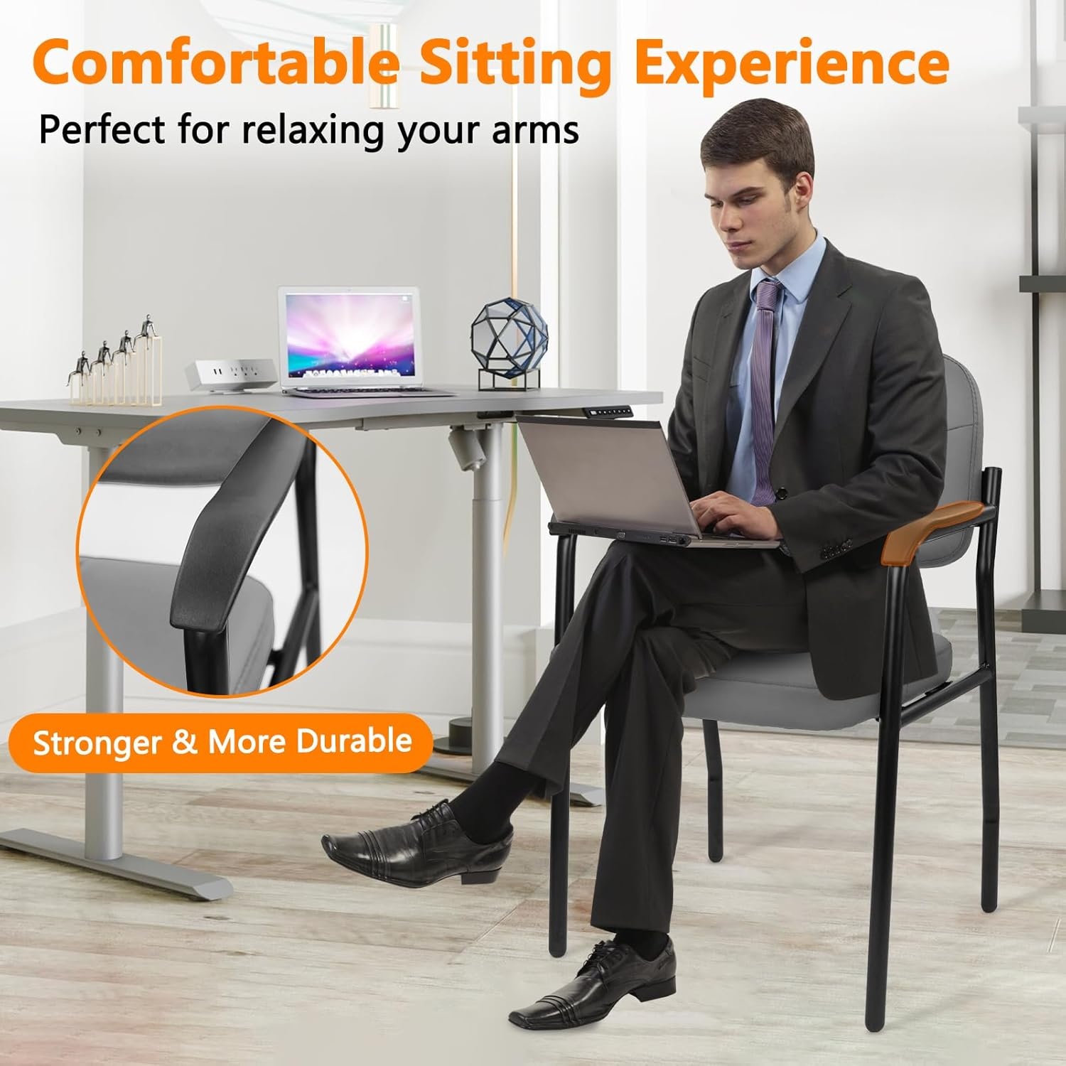 image:imageCLATINA Waiting Reception Chairs No Wheel Leather Guest Chair with Padded Arms Modern Brown Office Desk Chairs with Sled Base for Office Meeting Conference Room Lobby Home Living Room 4 PackGreylaurel