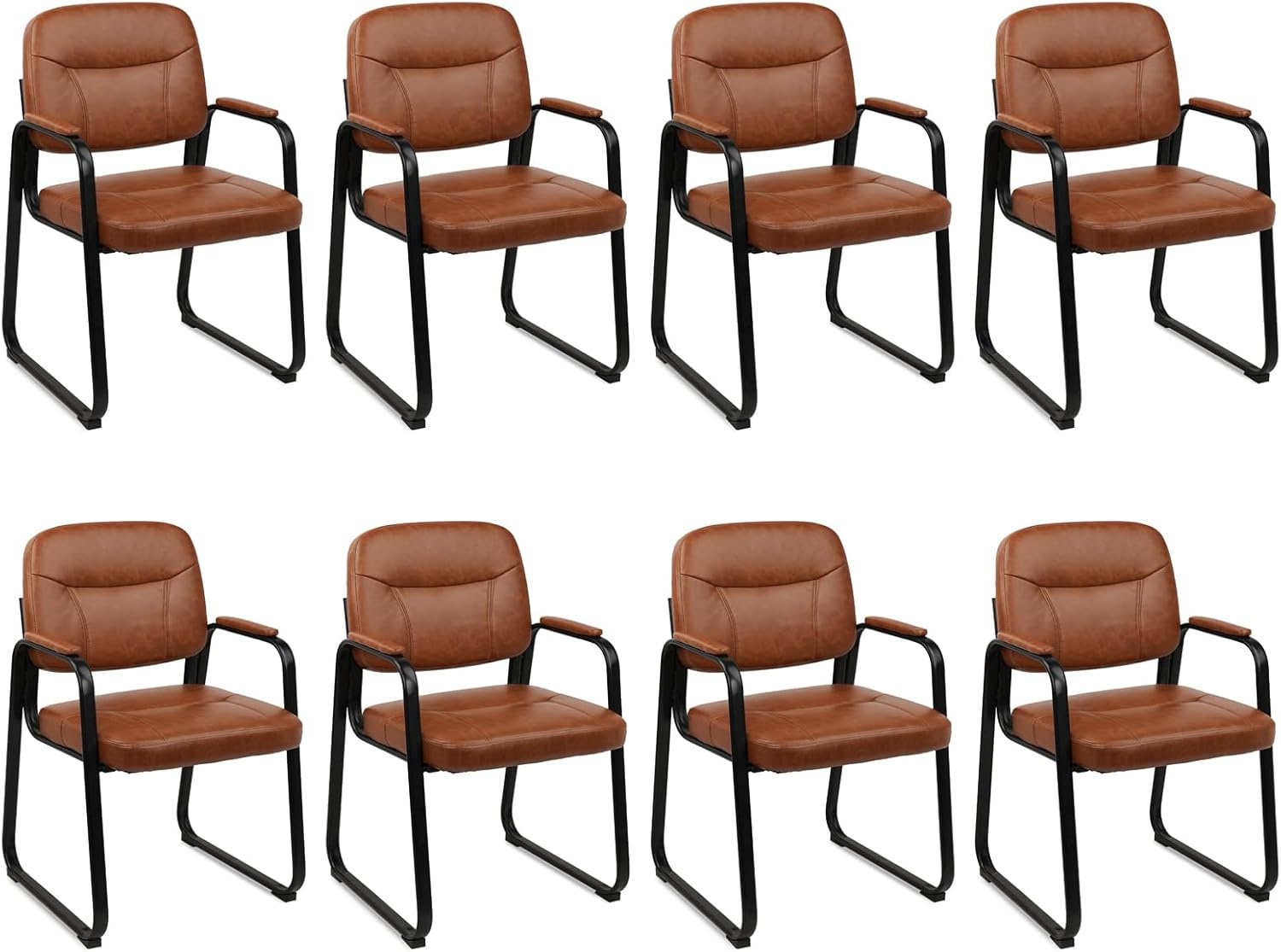 image:imageCLATINA Waiting Reception Chairs No Wheel Leather Guest Chair with Padded Arms Modern Brown Office Desk Chairs with Sled Base for Office Meeting Conference Room Lobby Home Living Room 4 PackBrownsled Base