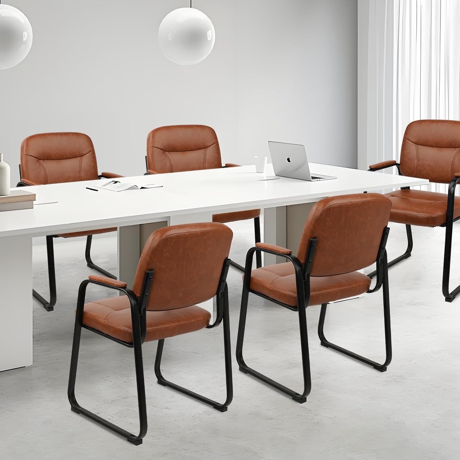 image:imageCLATINA Waiting Reception Chairs No Wheel Leather Guest Chair with Padded Arms Modern Brown Office Desk Chairs with Sled Base for Office Meeting Conference Room Lobby Home Living Room 4 PackBrownsled Base
