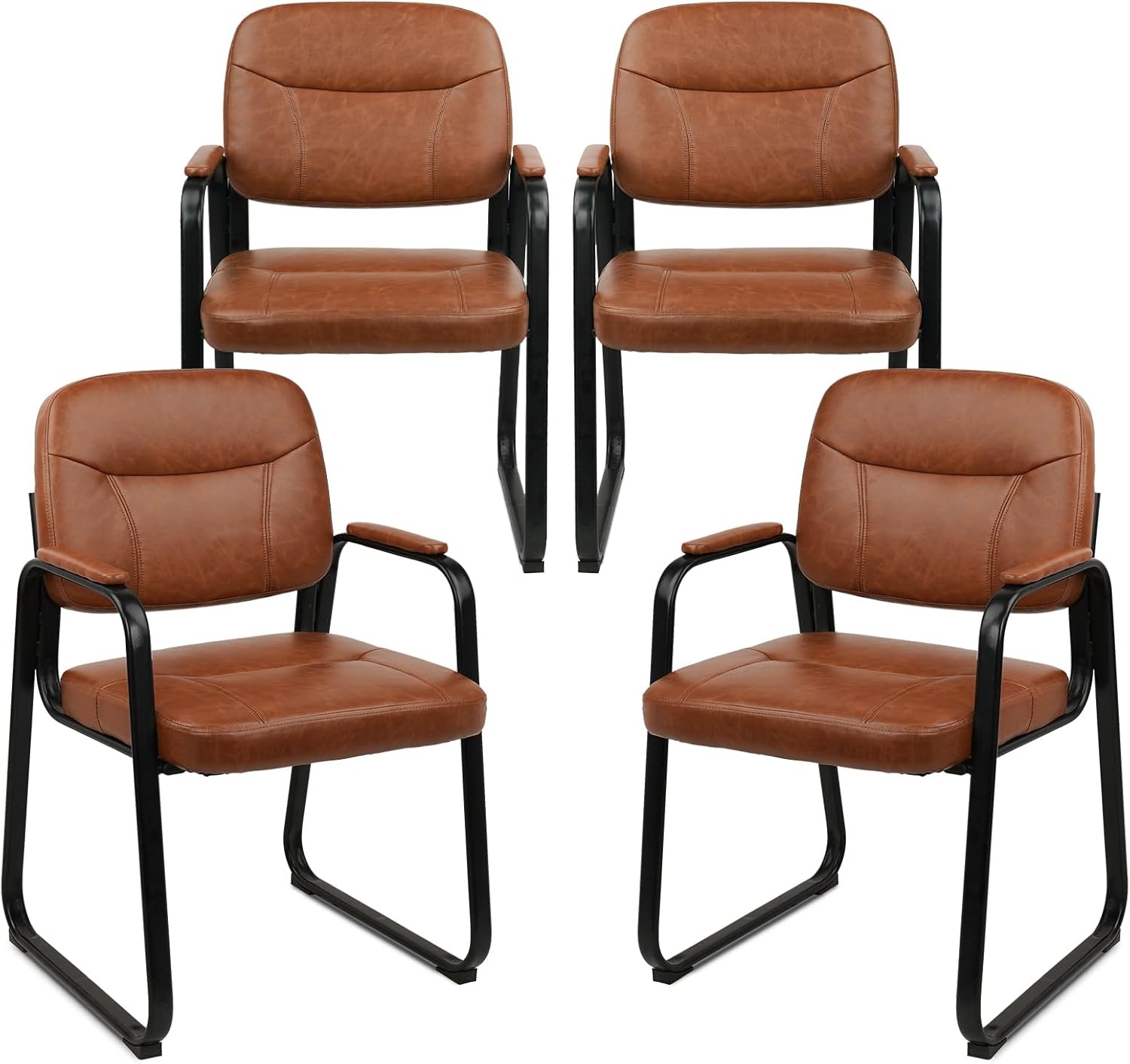 image:imageCLATINA Waiting Reception Chairs No Wheel Leather Guest Chair with Padded Arms Modern Brown Office Desk Chairs with Sled Base for Office Meeting Conference Room Lobby Home Living Room 4 PackBrownsled Base