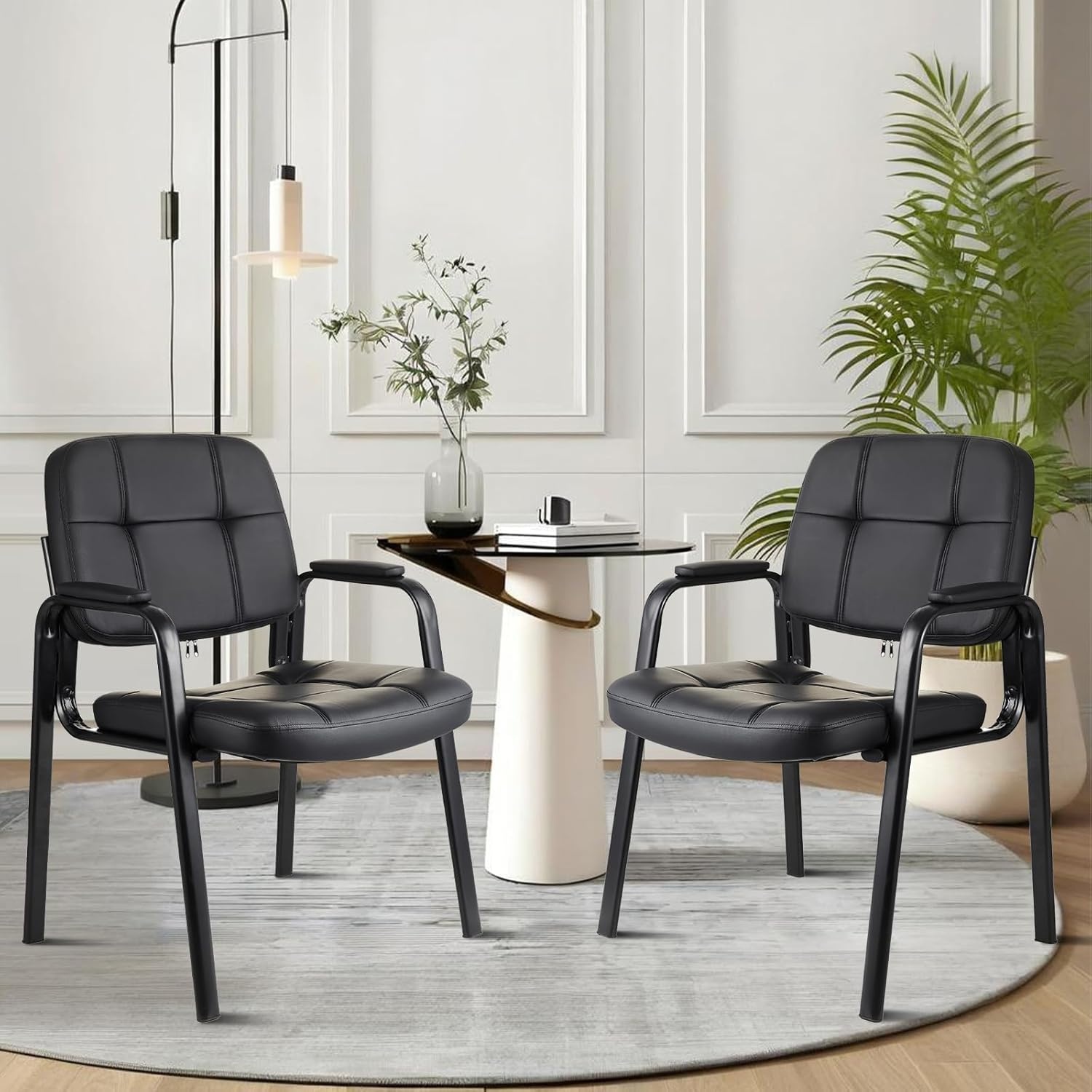 image:imageCLATINA Waiting Reception Chairs No Wheel Leather Guest Chair with Padded Arms Modern Brown Office Desk Chairs with Sled Base for Office Meeting Conference Room Lobby Home Living Room 4 PackBlack