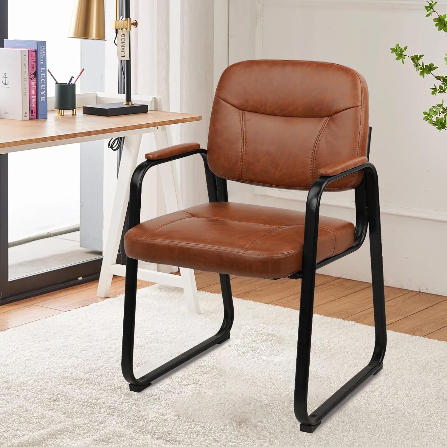 image:imageCLATINA Waiting Reception Chairs No Wheel Leather Guest Chair with Padded Arms Modern Brown Office Desk Chairs with Sled Base for Office Meeting Conference Room Lobby Home Living Room 4 PackBrownsled Base