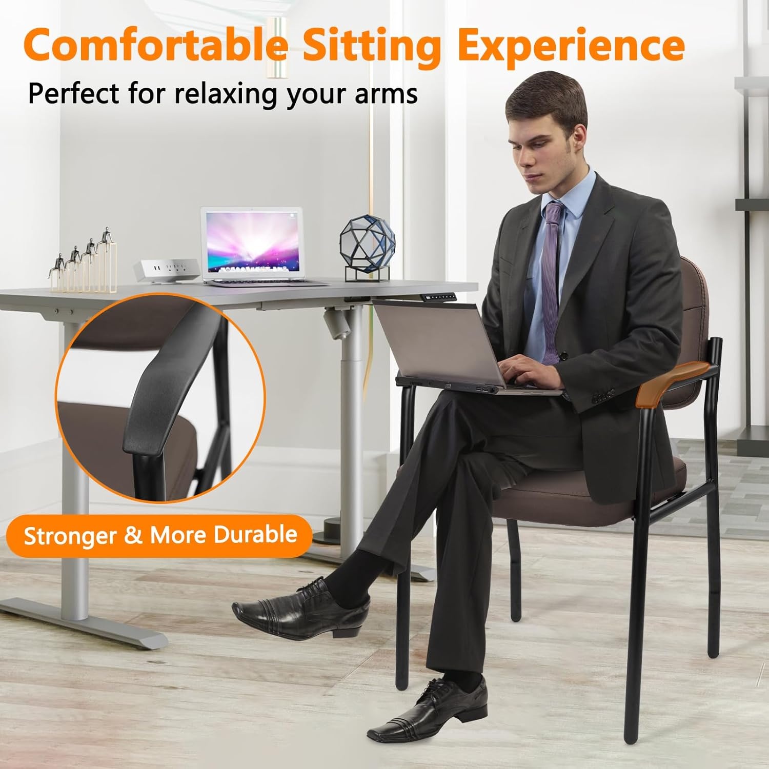 image:imageCLATINA Waiting Reception Chairs No Wheel Leather Guest Chair with Padded Arms Modern Brown Office Desk Chairs with Sled Base for Office Meeting Conference Room Lobby Home Living Room 4 PackBrownlaurel