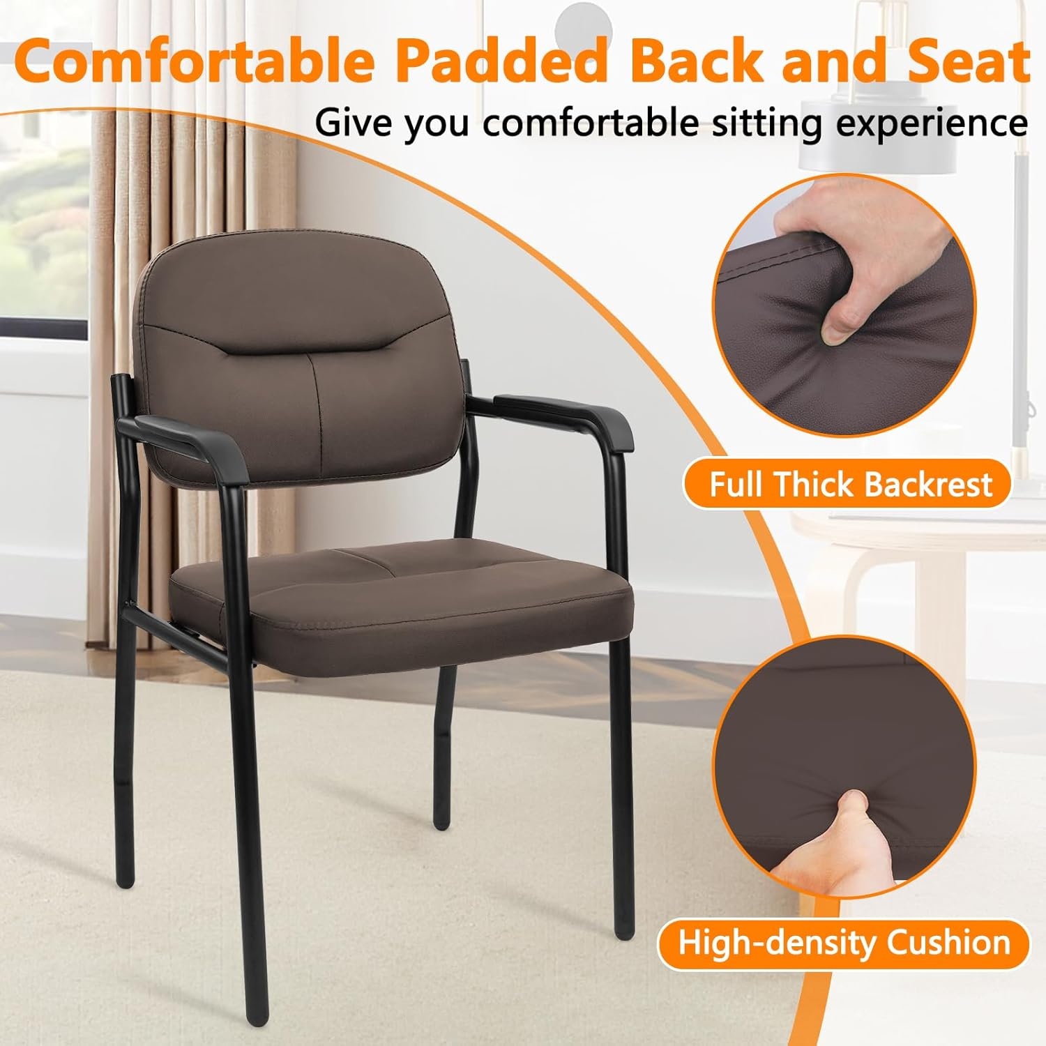 image:imageCLATINA Waiting Reception Chairs No Wheel Leather Guest Chair with Padded Arms Modern Brown Office Desk Chairs with Sled Base for Office Meeting Conference Room Lobby Home Living Room 4 PackBrownlaurel