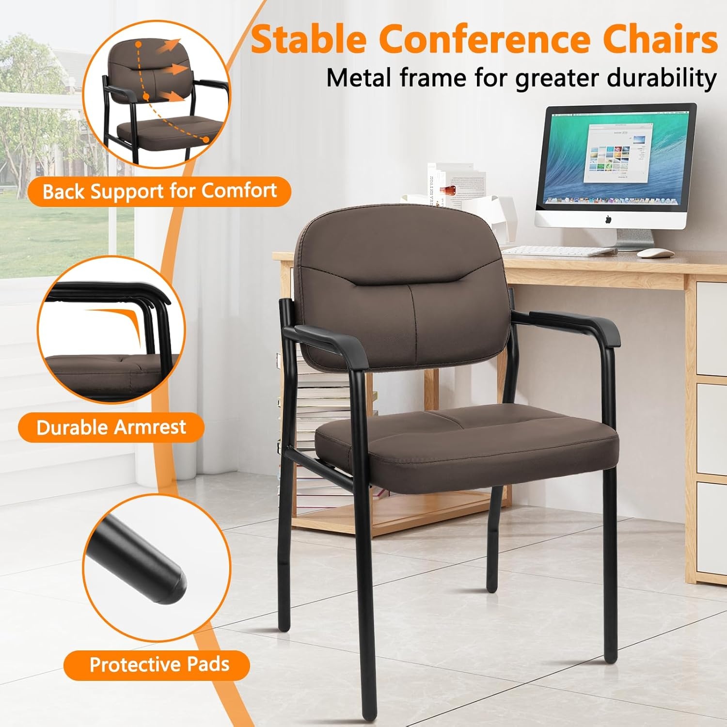 image:imageCLATINA Waiting Reception Chairs No Wheel Leather Guest Chair with Padded Arms Modern Brown Office Desk Chairs with Sled Base for Office Meeting Conference Room Lobby Home Living Room 4 PackBrownlaurel