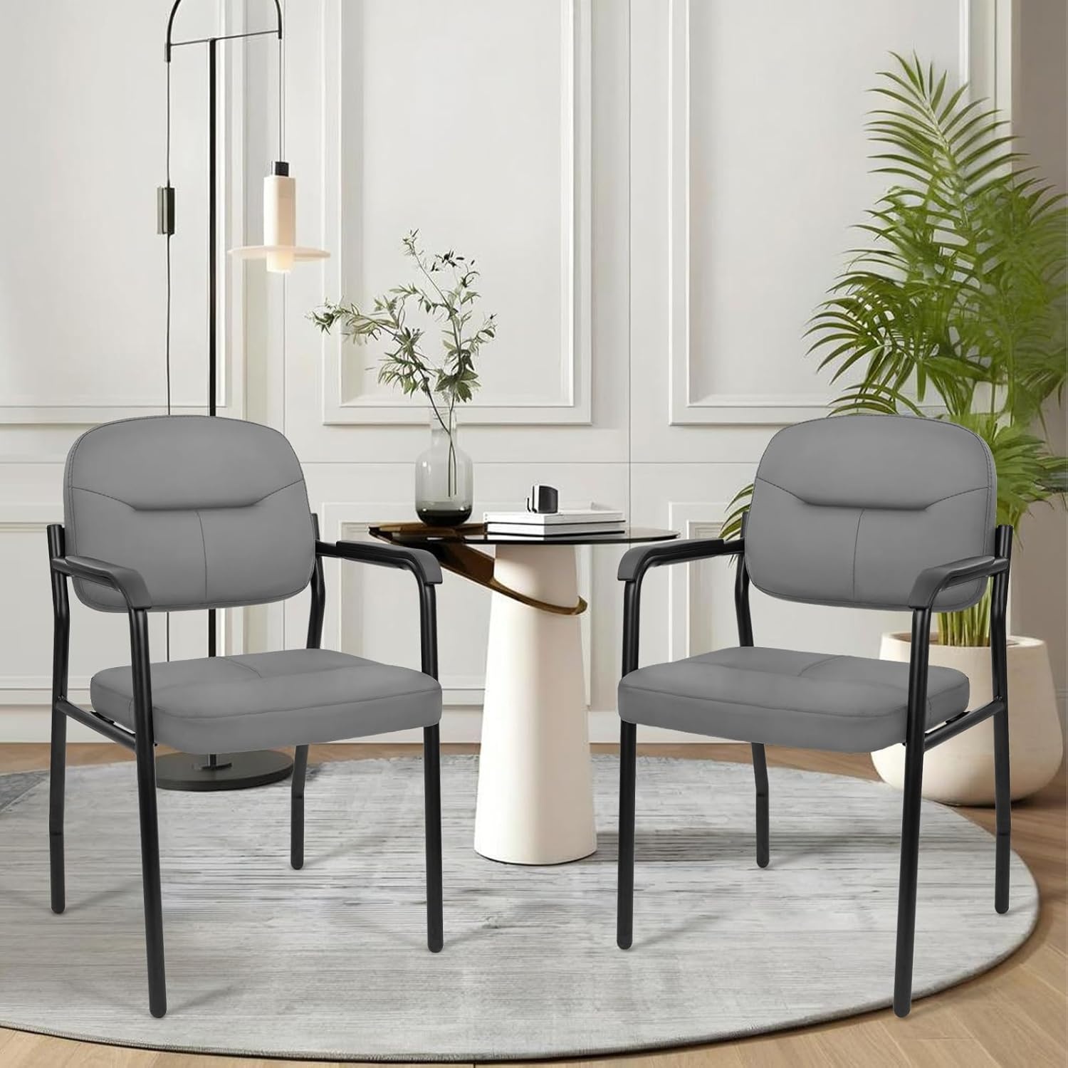 image:imageCLATINA Waiting Reception Chairs No Wheel Leather Guest Chair with Padded Arms Modern Brown Office Desk Chairs with Sled Base for Office Meeting Conference Room Lobby Home Living Room 4 PackGreylaurel