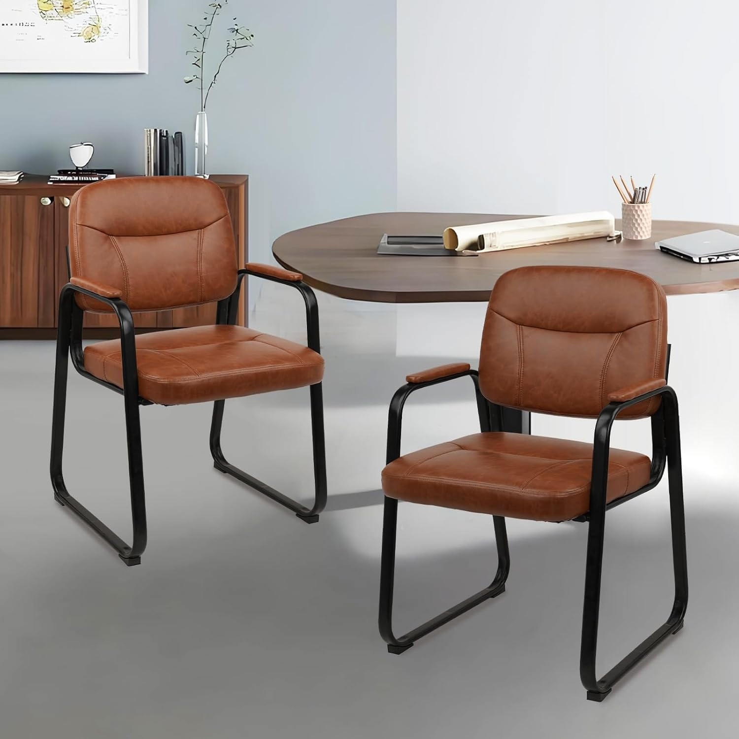 image:imageCLATINA Waiting Room Guest Chair with Bonded Leather Padded Arm Rest for Office Reception and Conference Desk BlackBrown