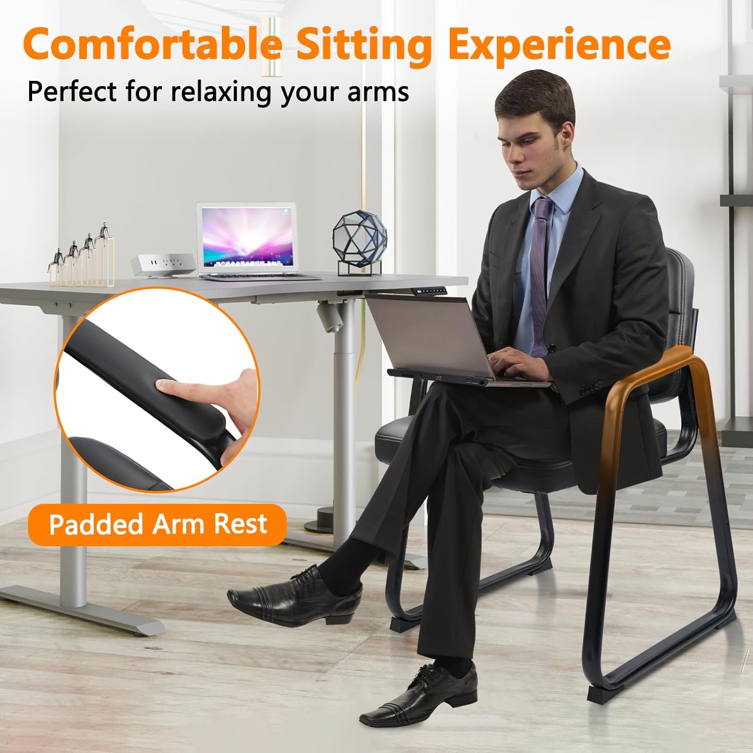 image:imageCLATINA Waiting Room Guest Chair with Bonded Leather Padded Arm Rest for Office Reception and Conference Desk BlackInky
