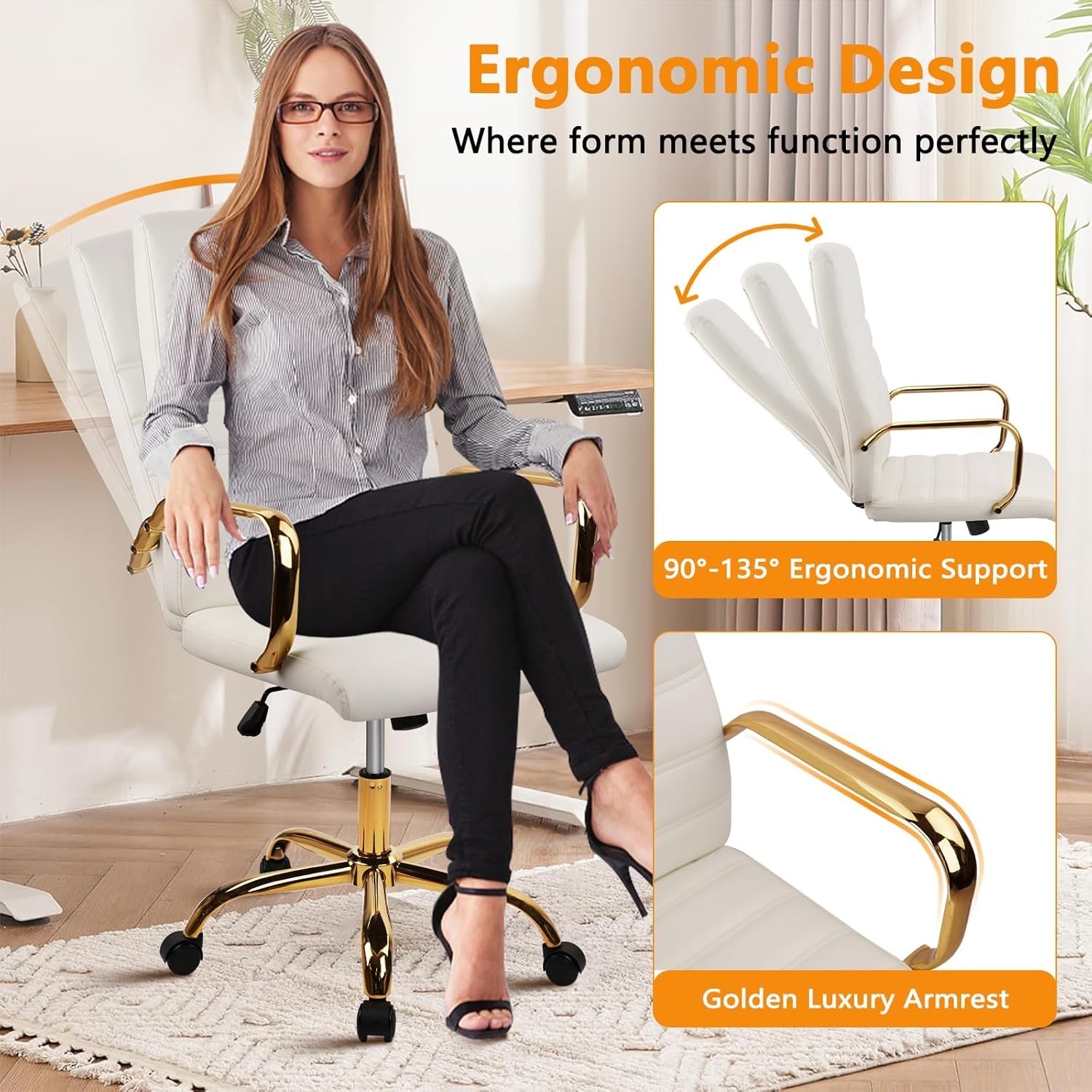 image:imageHome Office Chair with Wheels and Arms Faux Leather Ergonomic Desk Chairs with Padded Seat MidBack Swivel Soft Computer Chair Comfy Upholstered Task Chair for Home Bedroom Office WhiteGoldWhitelee
