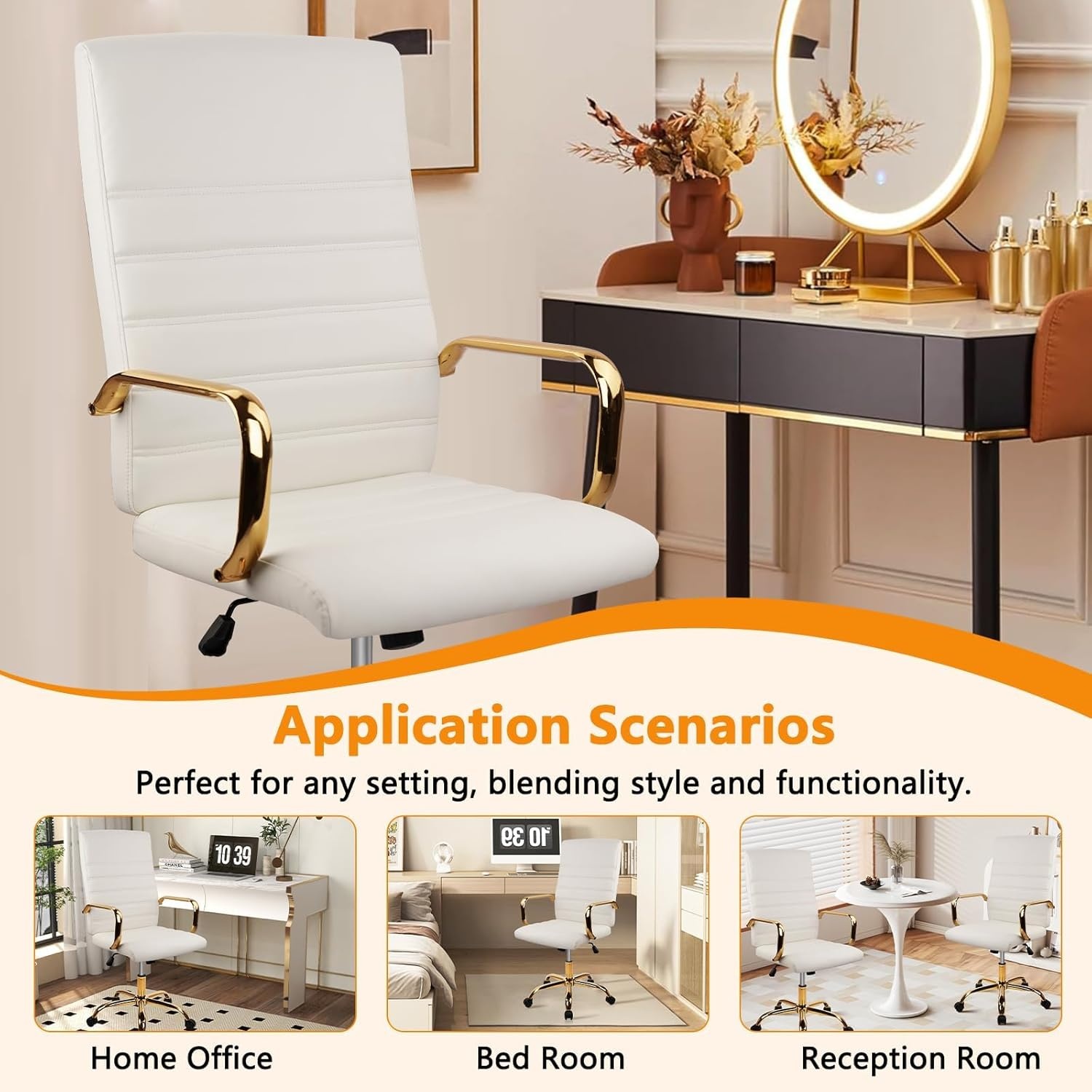 image:imageHome Office Chair with Wheels and Arms Faux Leather Ergonomic Desk Chairs with Padded Seat MidBack Swivel Soft Computer Chair Comfy Upholstered Task Chair for Home Bedroom Office WhiteGoldWhitelee