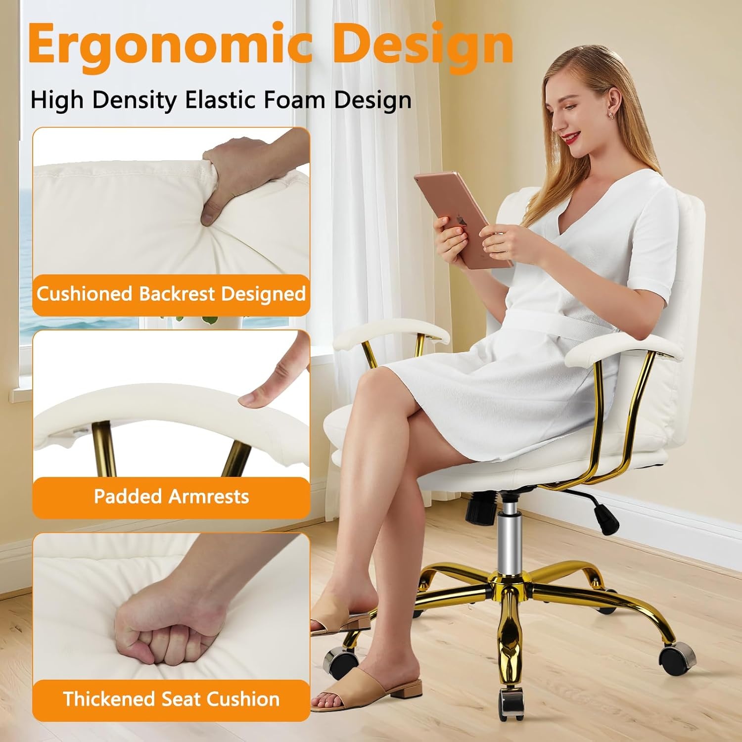 image:imageHome Office Chair with Wheels and Arms Faux Leather Ergonomic Desk Chairs with Padded Seat MidBack Swivel Soft Computer Chair Comfy Upholstered Task Chair for Home Bedroom Office WhiteGoldWhitelola