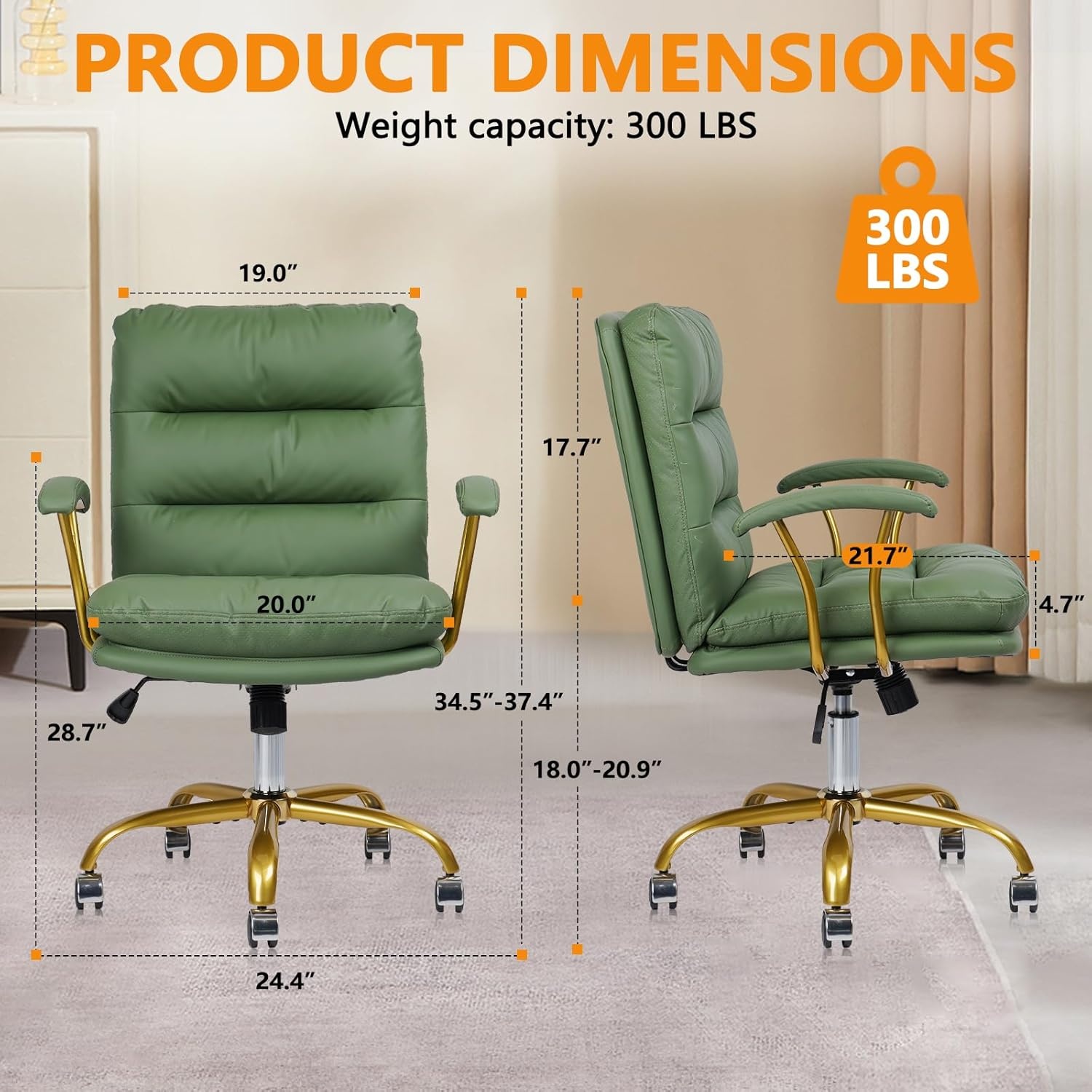 image:imageHome Office Chair with Wheels and Arms Faux Leather Ergonomic Desk Chairs with Padded Seat MidBack Swivel Soft Computer Chair Comfy Upholstered Task Chair for Home Bedroom Office WhiteGoldGreenlola