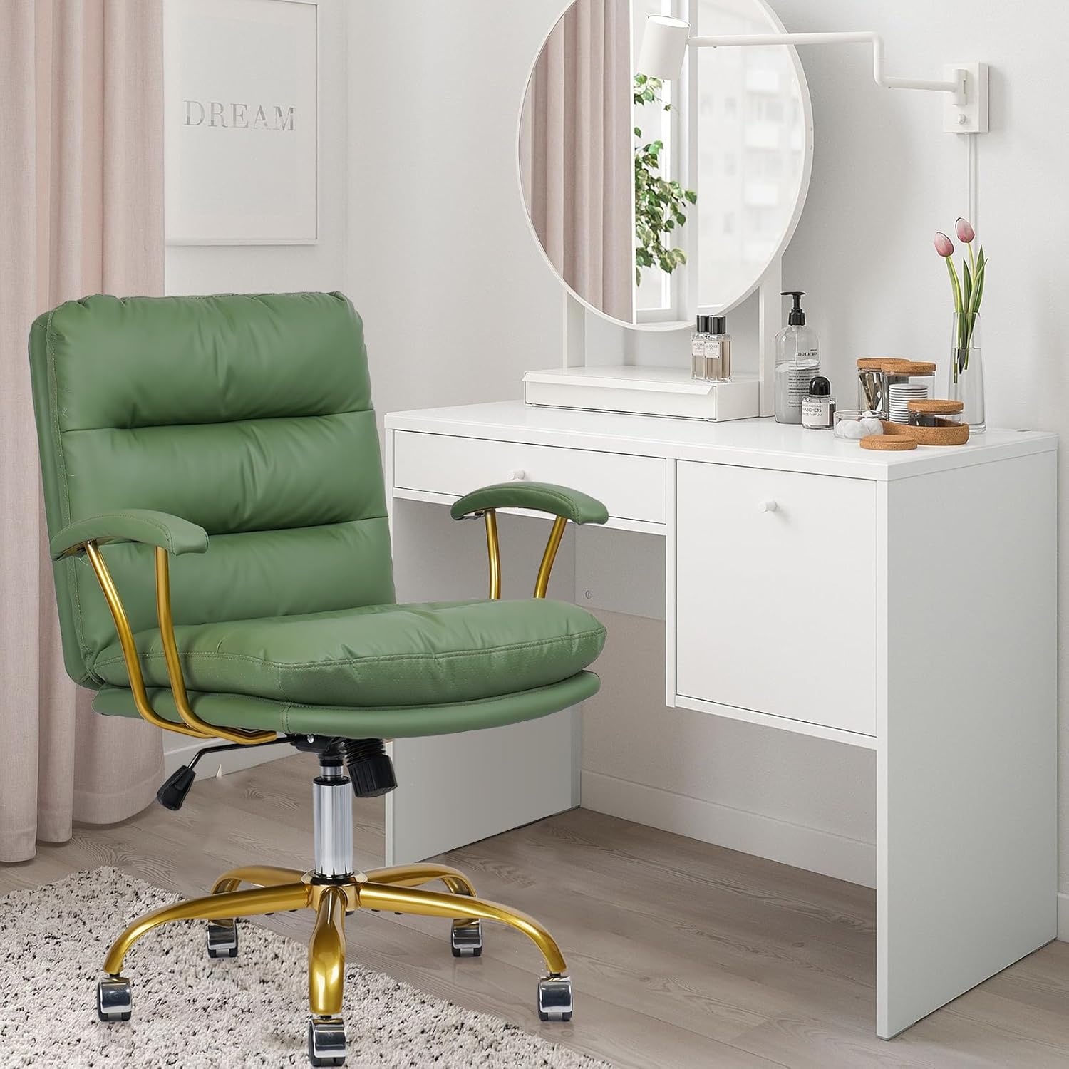 image:imageHome Office Chair with Wheels and Arms Faux Leather Ergonomic Desk Chairs with Padded Seat MidBack Swivel Soft Computer Chair Comfy Upholstered Task Chair for Home Bedroom Office WhiteGoldGreenlola