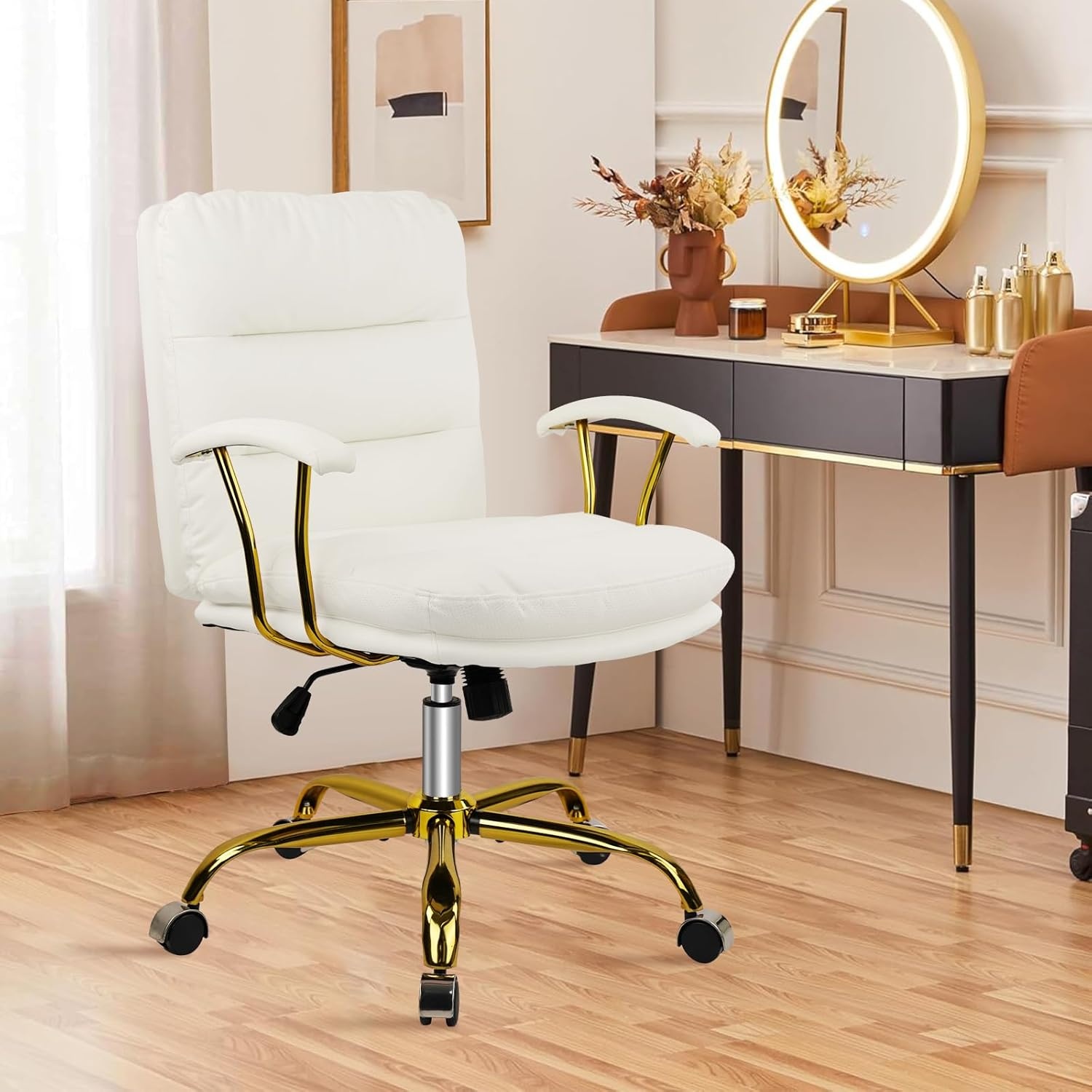 image:imageHome Office Chair with Wheels and Arms Faux Leather Ergonomic Desk Chairs with Padded Seat MidBack Swivel Soft Computer Chair Comfy Upholstered Task Chair for Home Bedroom Office WhiteGoldWhitelola
