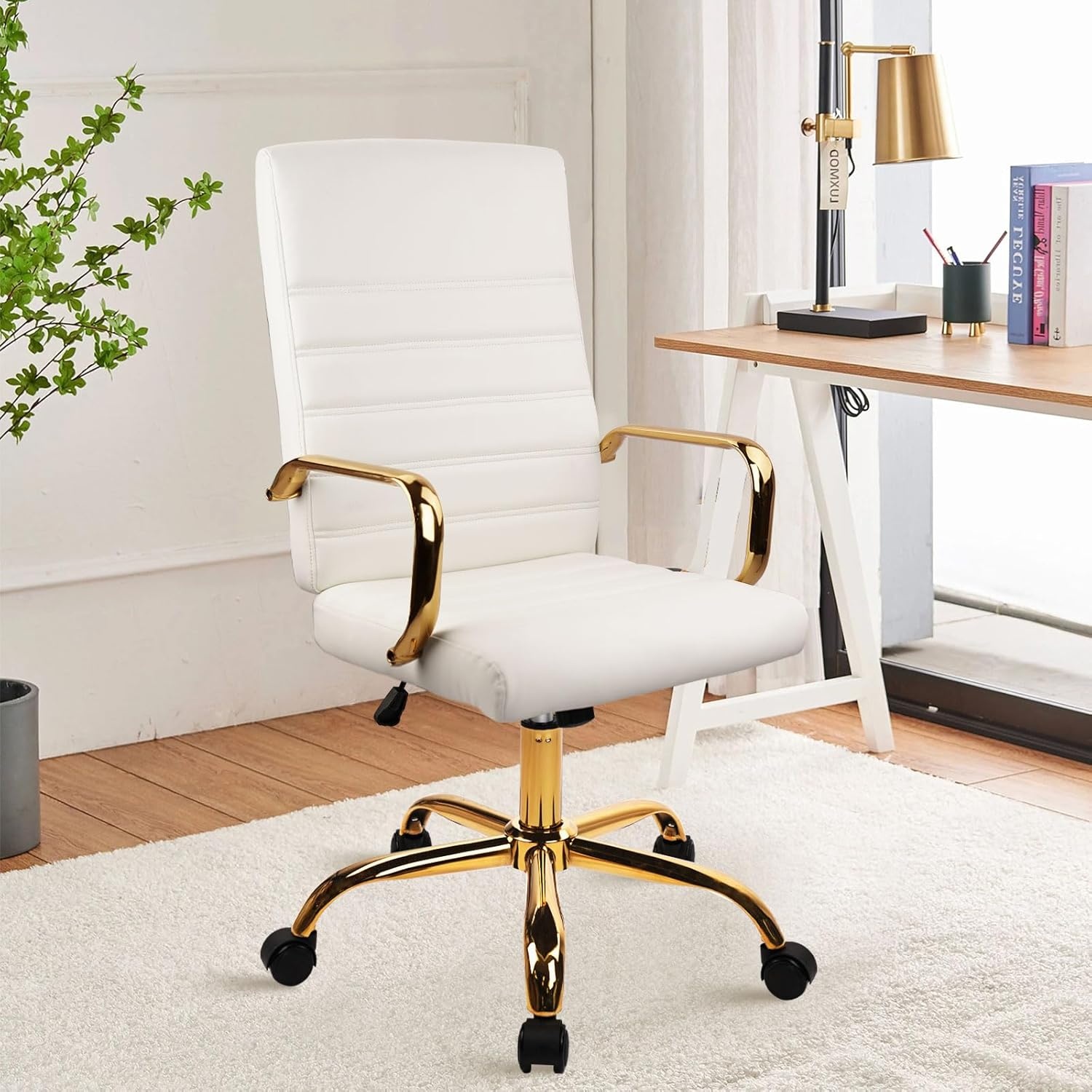 image:imageHome Office Chair with Wheels and Arms Faux Leather Ergonomic Desk Chairs with Padded Seat MidBack Swivel Soft Computer Chair Comfy Upholstered Task Chair for Home Bedroom Office WhiteGoldWhitelee