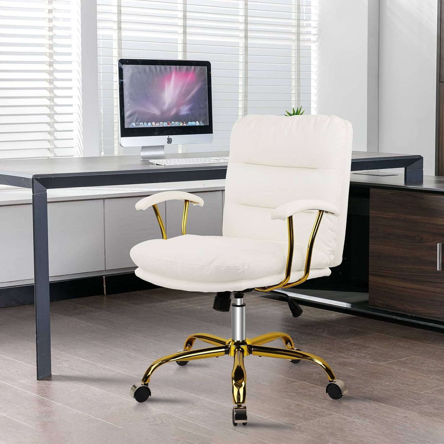 image:imageHome Office Chair with Wheels and Arms Faux Leather Ergonomic Desk Chairs with Padded Seat MidBack Swivel Soft Computer Chair Comfy Upholstered Task Chair for Home Bedroom Office WhiteGoldWhitelola