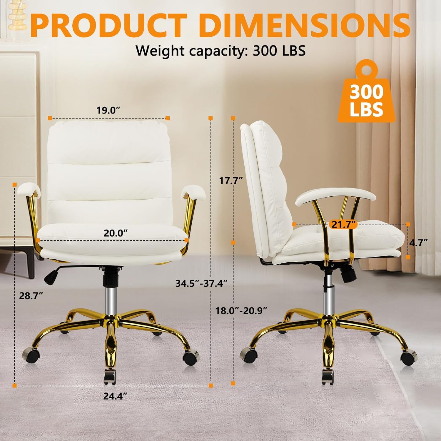 image:imageHome Office Chair with Wheels and Arms Faux Leather Ergonomic Desk Chairs with Padded Seat MidBack Swivel Soft Computer Chair Comfy Upholstered Task Chair for Home Bedroom Office WhiteGoldWhitelola