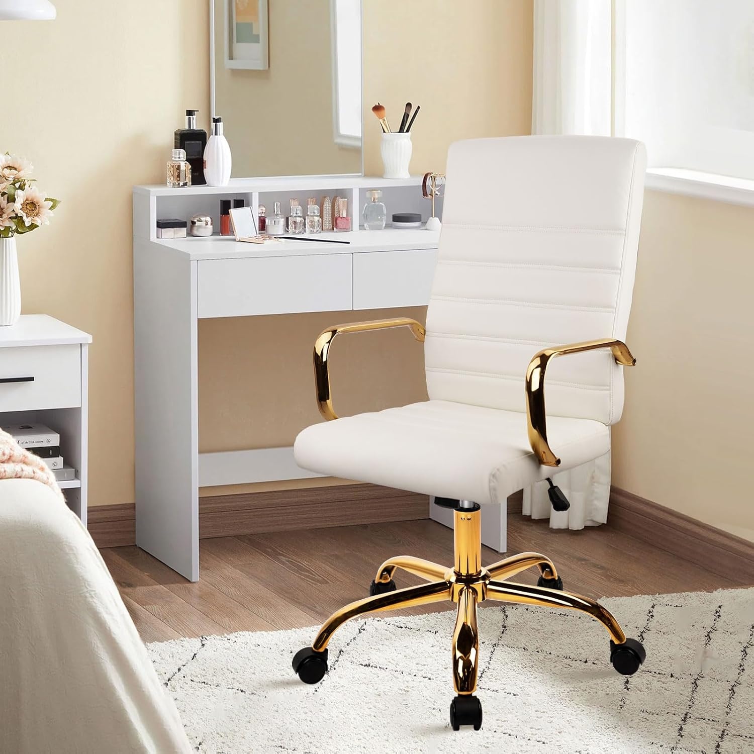 image:imageHome Office Chair with Wheels and Arms Faux Leather Ergonomic Desk Chairs with Padded Seat MidBack Swivel Soft Computer Chair Comfy Upholstered Task Chair for Home Bedroom Office WhiteGoldWhitelee
