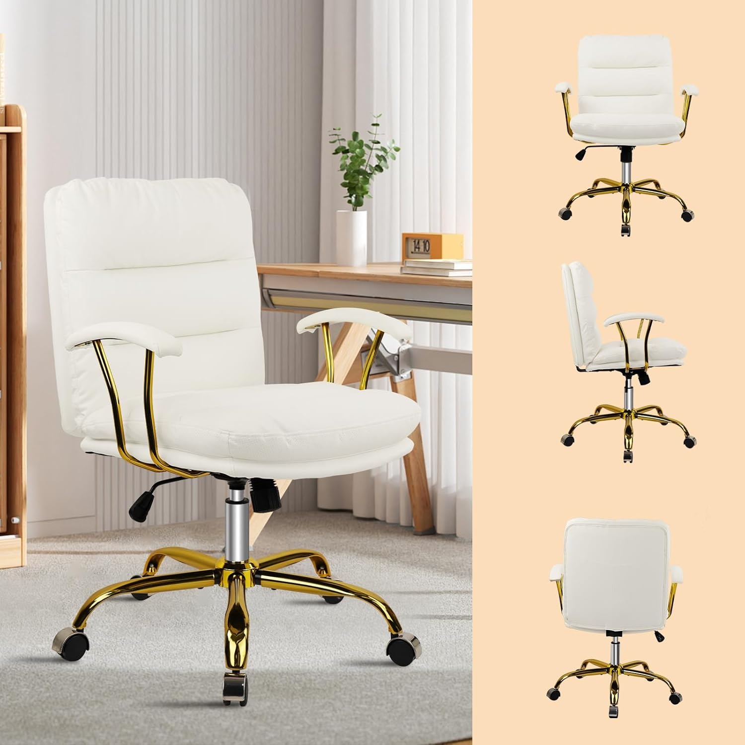 image:imageHome Office Chair with Wheels and Arms Faux Leather Ergonomic Desk Chairs with Padded Seat MidBack Swivel Soft Computer Chair Comfy Upholstered Task Chair for Home Bedroom Office WhiteGoldWhitelola