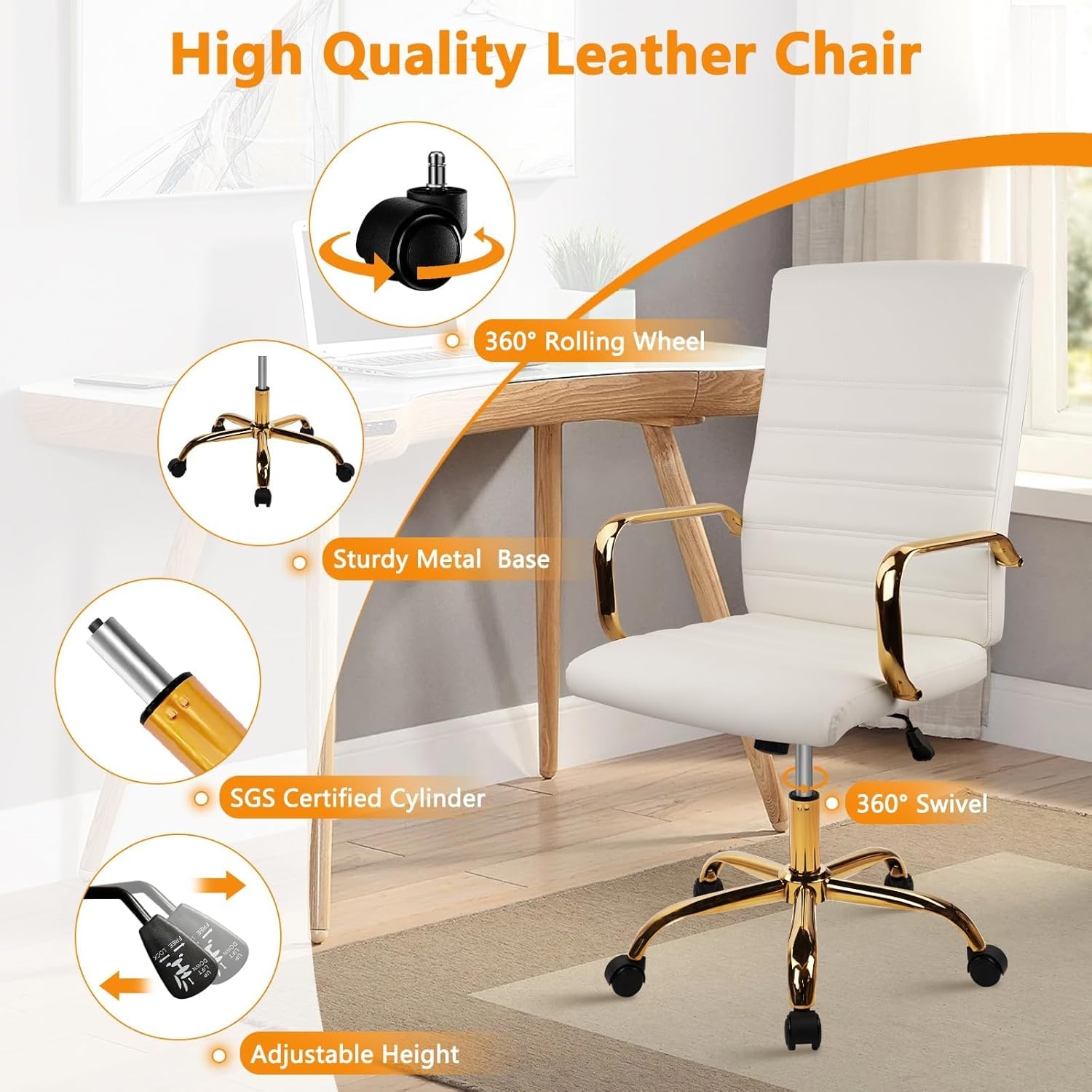 image:imageHome Office Chair with Wheels and Arms Faux Leather Ergonomic Desk Chairs with Padded Seat MidBack Swivel Soft Computer Chair Comfy Upholstered Task Chair for Home Bedroom Office WhiteGoldWhitelee