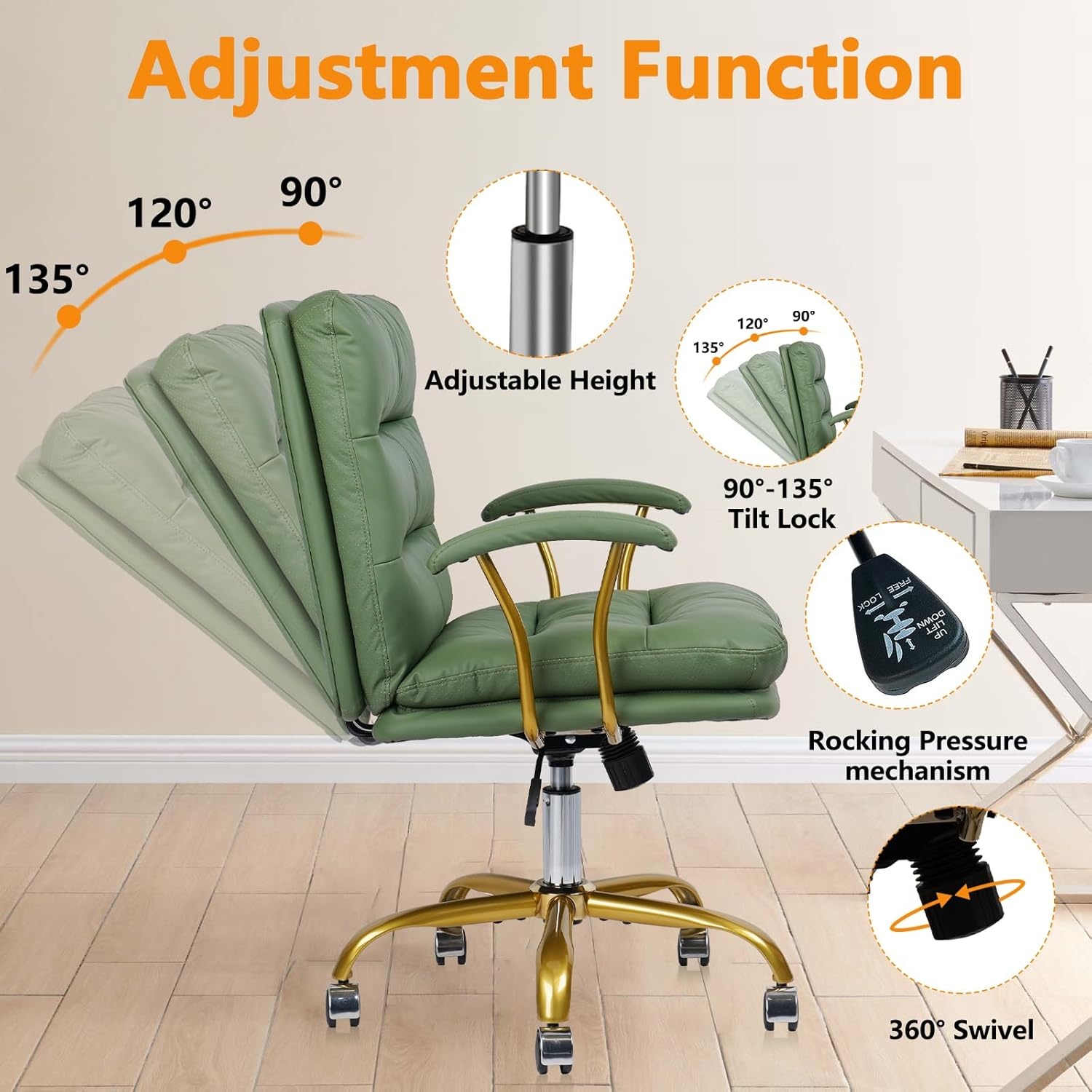 image:imageHome Office Chair with Wheels and Arms Faux Leather Ergonomic Desk Chairs with Padded Seat MidBack Swivel Soft Computer Chair Comfy Upholstered Task Chair for Home Bedroom Office WhiteGoldGreenlola