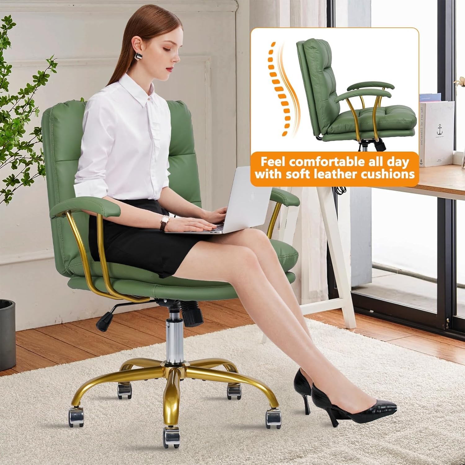 image:imageHome Office Chair with Wheels and Arms Faux Leather Ergonomic Desk Chairs with Padded Seat MidBack Swivel Soft Computer Chair Comfy Upholstered Task Chair for Home Bedroom Office WhiteGoldGreenlola