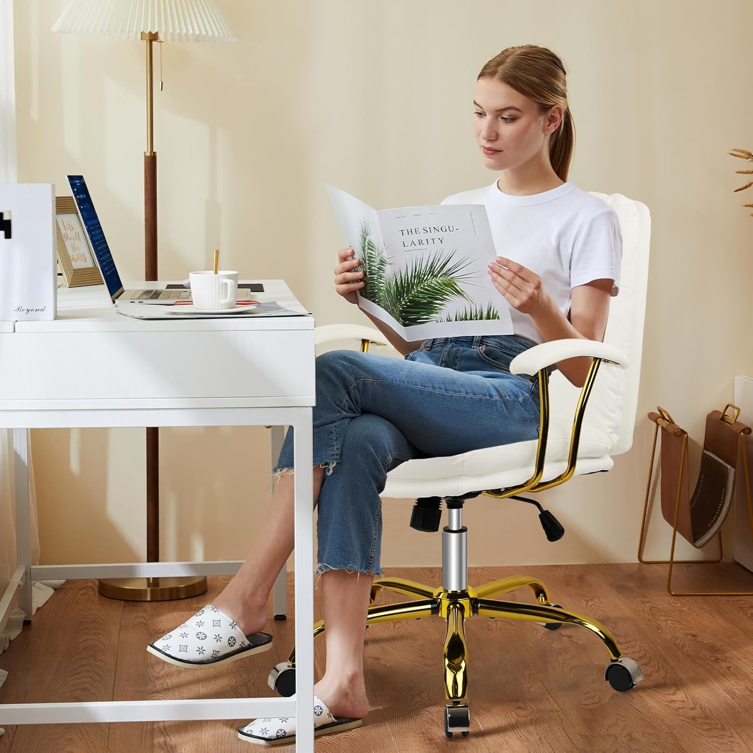 image:imageHome Office Chair with Wheels and Arms Faux Leather Ergonomic Desk Chairs with Padded Seat MidBack Swivel Soft Computer Chair Comfy Upholstered Task Chair for Home Bedroom Office WhiteGoldWhitelola