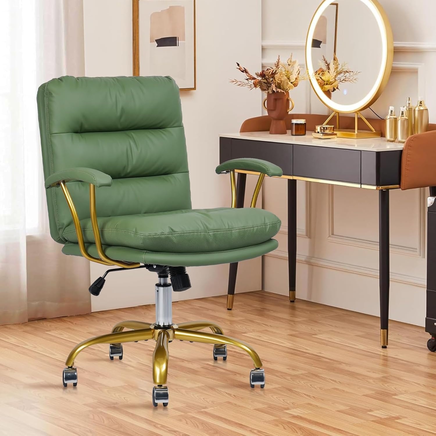 image:imageHome Office Chair with Wheels and Arms Faux Leather Ergonomic Desk Chairs with Padded Seat MidBack Swivel Soft Computer Chair Comfy Upholstered Task Chair for Home Bedroom Office WhiteGoldGreenlola