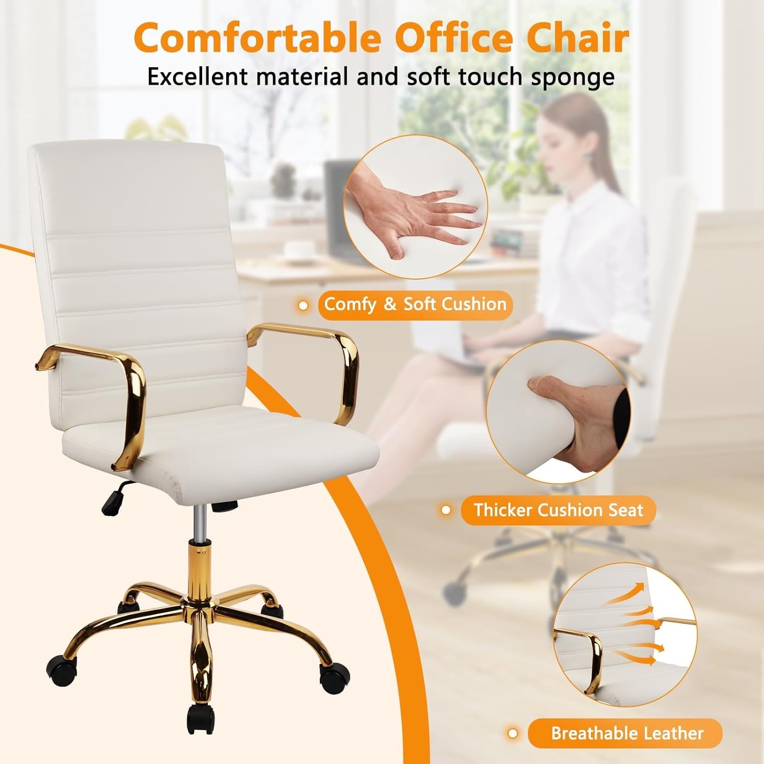 image:imageHome Office Chair with Wheels and Arms Faux Leather Ergonomic Desk Chairs with Padded Seat MidBack Swivel Soft Computer Chair Comfy Upholstered Task Chair for Home Bedroom Office WhiteGoldWhitelee