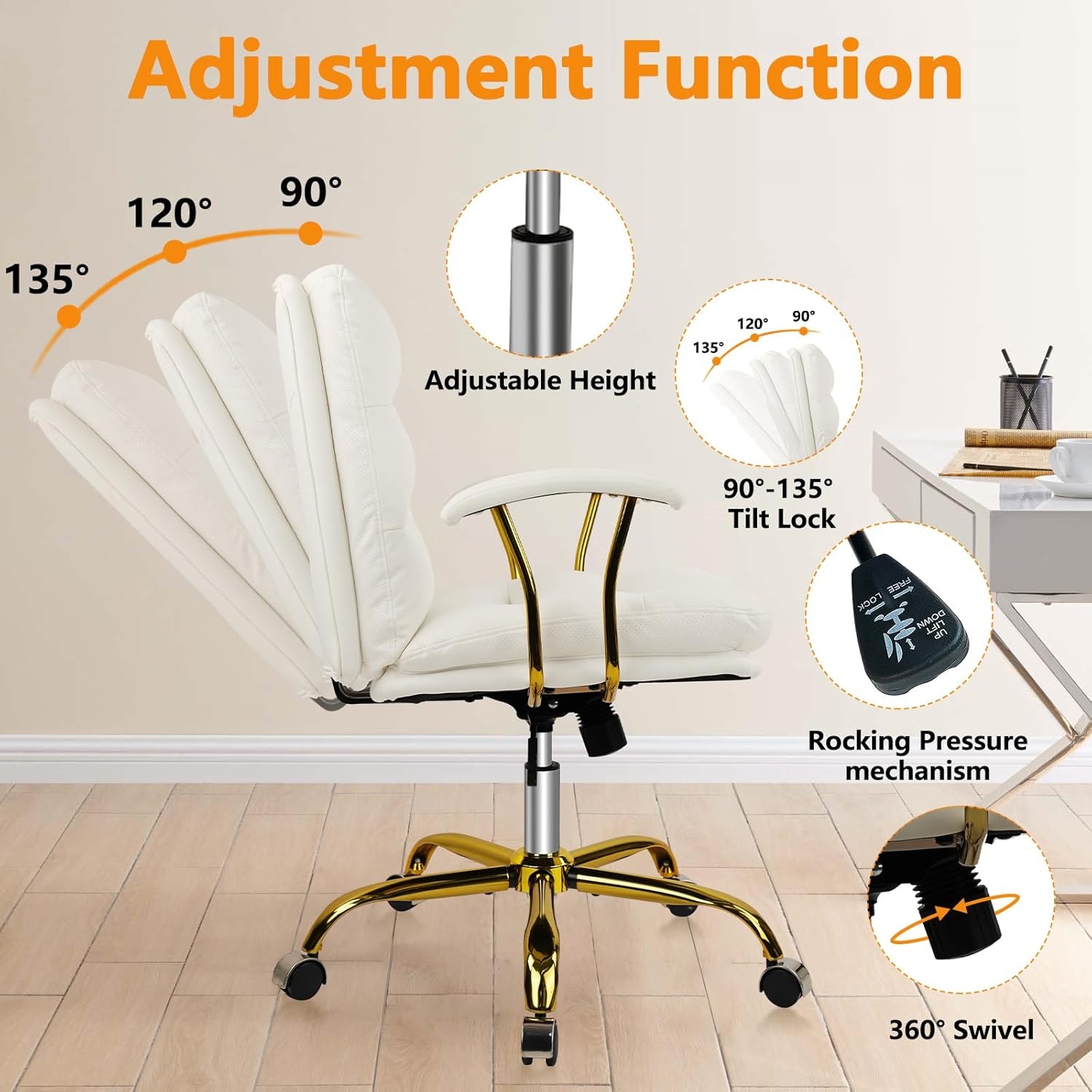 image:imageHome Office Chair with Wheels and Arms Faux Leather Ergonomic Desk Chairs with Padded Seat MidBack Swivel Soft Computer Chair Comfy Upholstered Task Chair for Home Bedroom Office WhiteGoldWhitelola