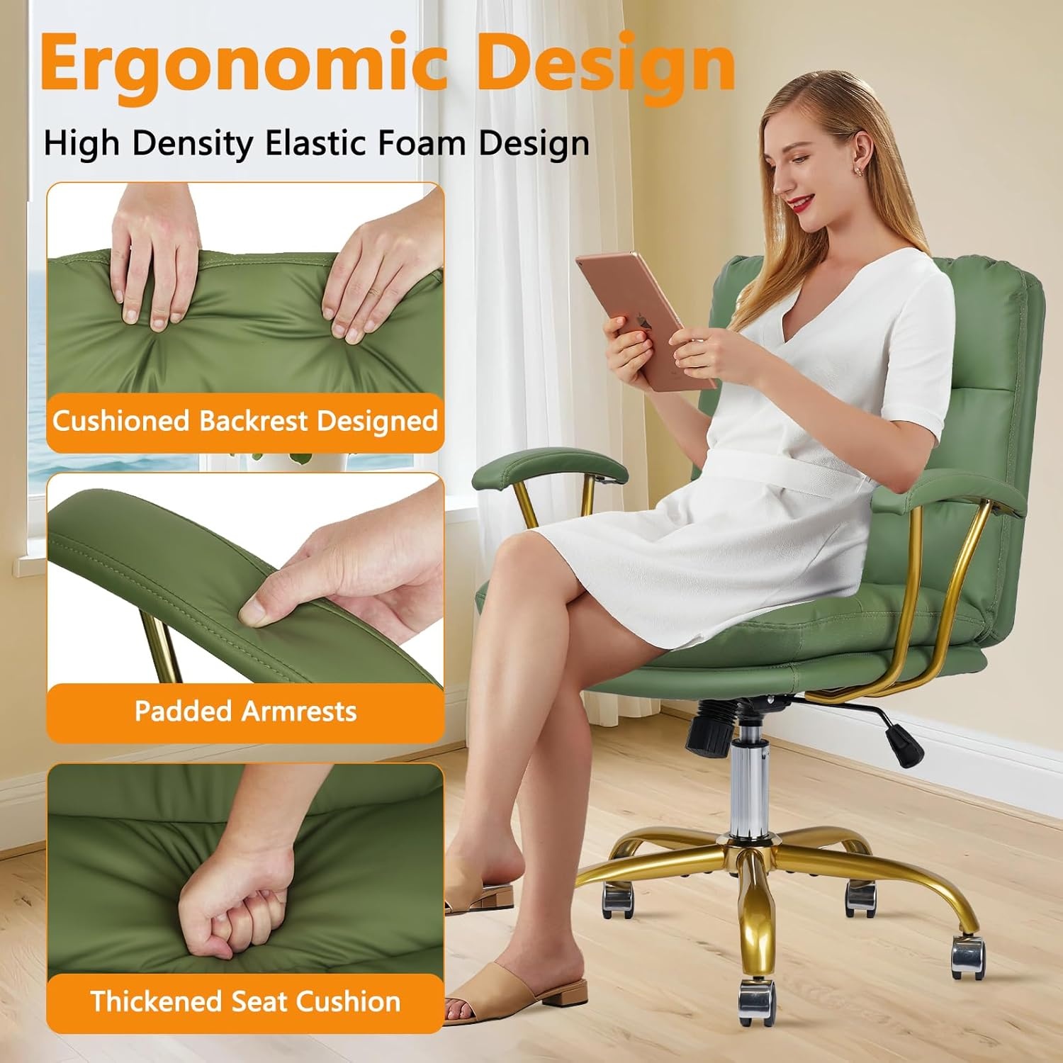 image:imageHome Office Chair with Wheels and Arms Faux Leather Ergonomic Desk Chairs with Padded Seat MidBack Swivel Soft Computer Chair Comfy Upholstered Task Chair for Home Bedroom Office WhiteGoldGreenlola