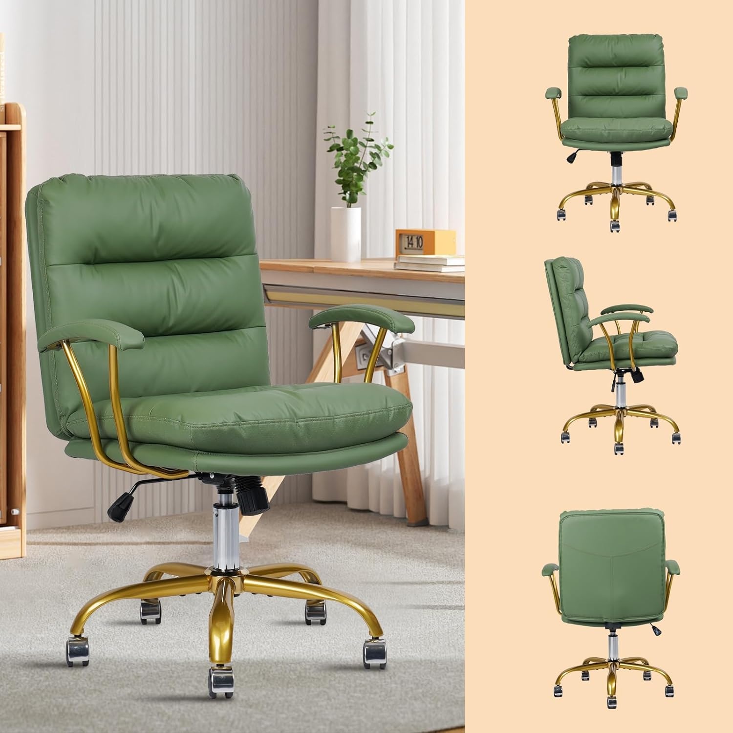 image:imageHome Office Chair with Wheels and Arms Faux Leather Ergonomic Desk Chairs with Padded Seat MidBack Swivel Soft Computer Chair Comfy Upholstered Task Chair for Home Bedroom Office WhiteGoldGreenlola
