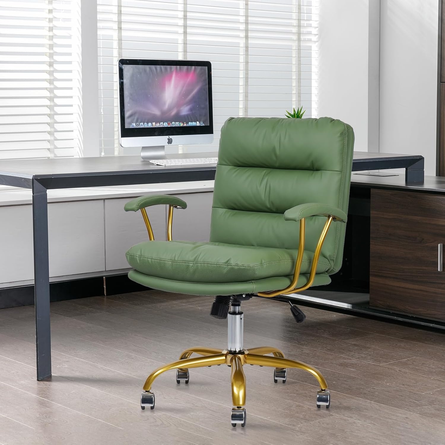 image:imageHome Office Chair with Wheels and Arms Faux Leather Ergonomic Desk Chairs with Padded Seat MidBack Swivel Soft Computer Chair Comfy Upholstered Task Chair for Home Bedroom Office WhiteGoldGreenlola