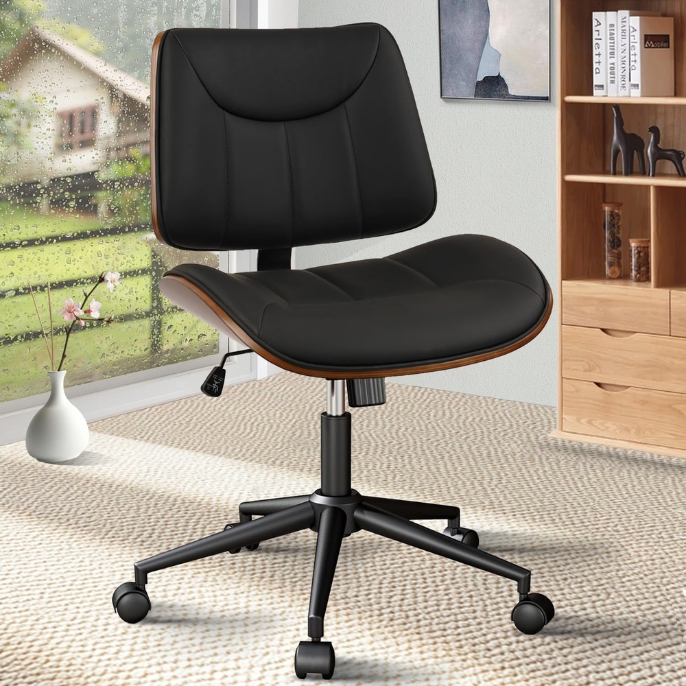 image:imageCLATINA Armless Home Office Chair Desk Chair with Wheels Adjustable Height Reading Chair Leather Mid Back amp Swivel Computer Chair Modern Walnut Chairs with Back for Studio Meeting RoomBlackBlack Linear