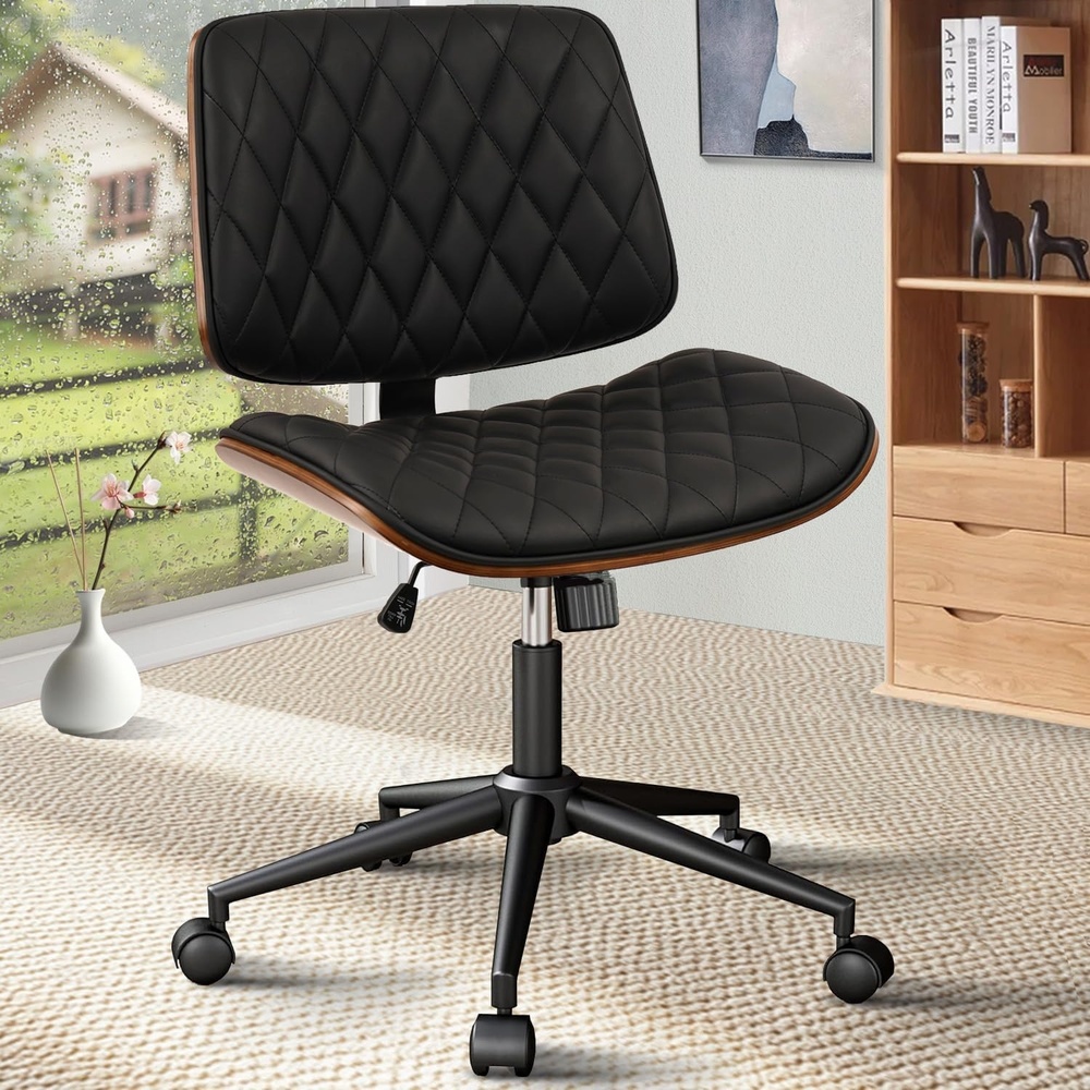 image:imageCLATINA Armless Home Office Chair Desk Chair with Wheels Adjustable Height Reading Chair Leather Mid Back amp Swivel Computer Chair Modern Walnut Chairs with Back for Studio Meeting RoomBlackBlack Diamondb