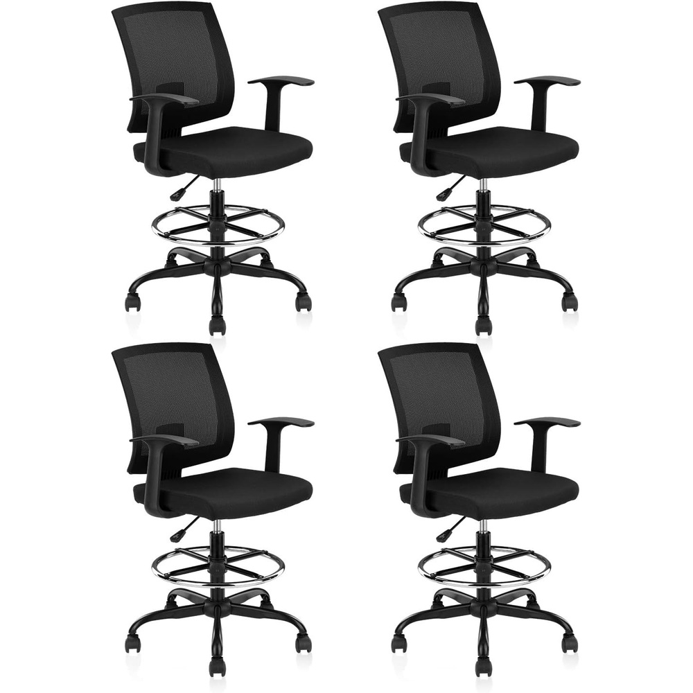 image:imageCLATINA Ergonomic Drafting Chair with Foot Ring Computer Mesh Chair Standing Desk Chair with Armrests and Lumbar Support Tall Stool Chair for Office Black 4 Pack