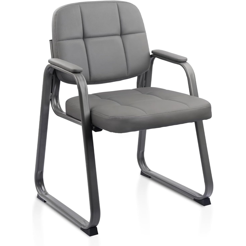 image:imageCLATINA Leather Office Guest Waiting Room Chair Sets of 4 Reception Chair No Wheels with Armrests and Lumber Support Stationary Desk Armchair for Meeting Conference Lobby Shool Study GreyGreysled Base