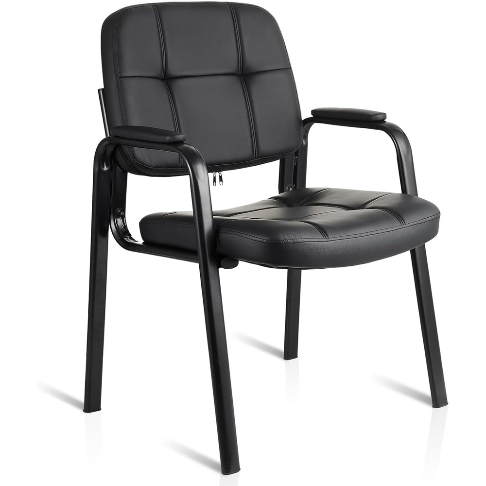 image:imageCLATINA Leather Office Guest Waiting Room Chair Sets of 4 Reception Chair No Wheels with Armrests and Lumber Support Stationary Desk Armchair for Meeting Conference Lobby Shool Study GreyBlack